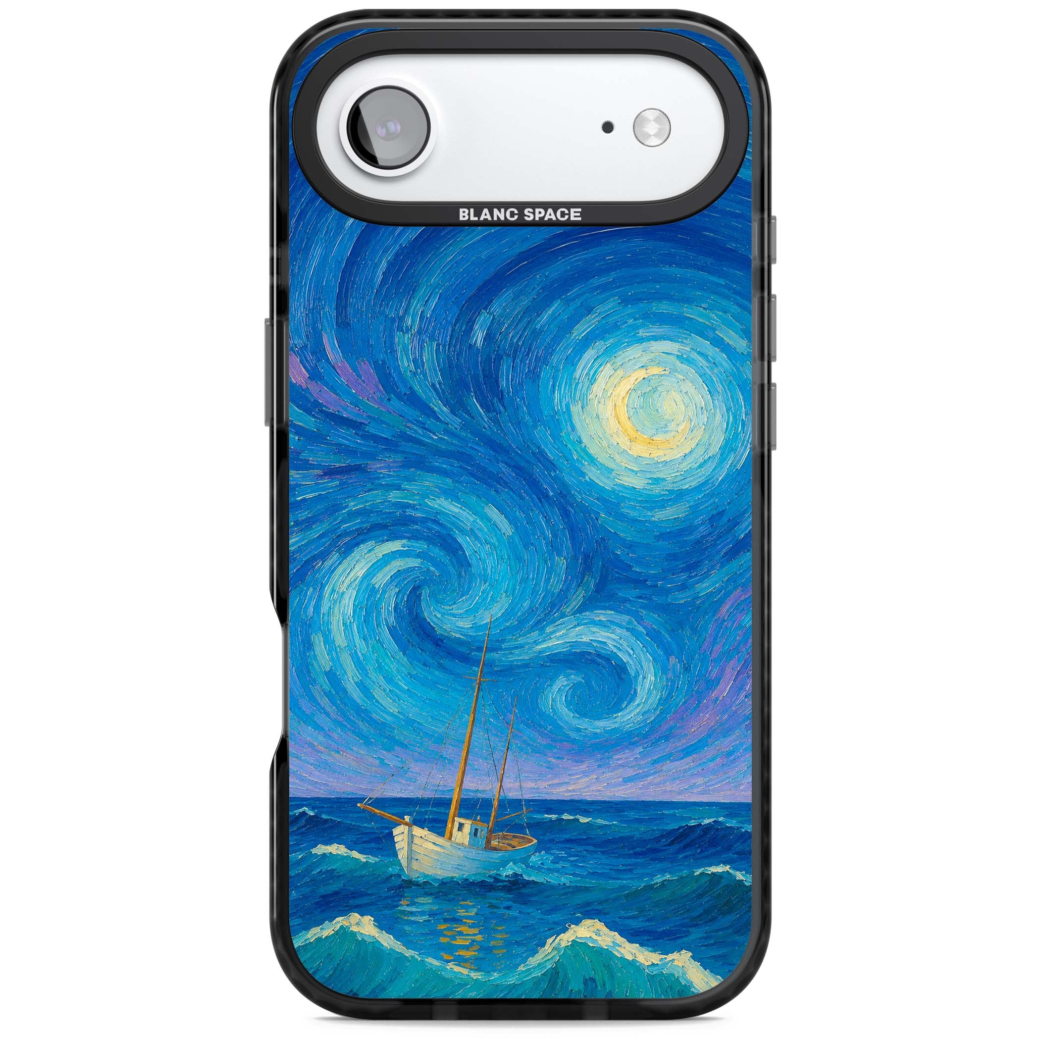 Moonlit Tide Van Gogh art iPhone case featuring swirling starry night sky, glowing moon and lone sailing boat at sea | Black Impact Magsafe case for iPhone Air