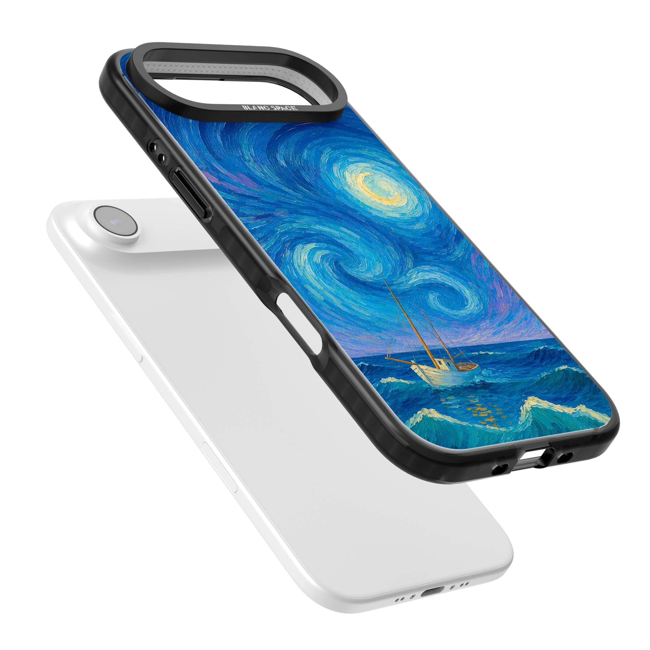 Moonlit Tide Van Gogh art iPhone case featuring swirling starry night sky, glowing moon and lone sailing boat at sea | Black Impact Magsafe case for iPhone Air