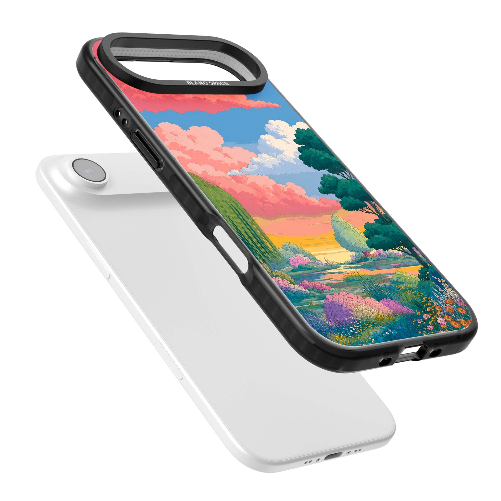 Dream Valley anime landscape iPhone case featuring pink sunset clouds, willow trees and wildflowers | Black Impact Magsafe case for iPhone Air