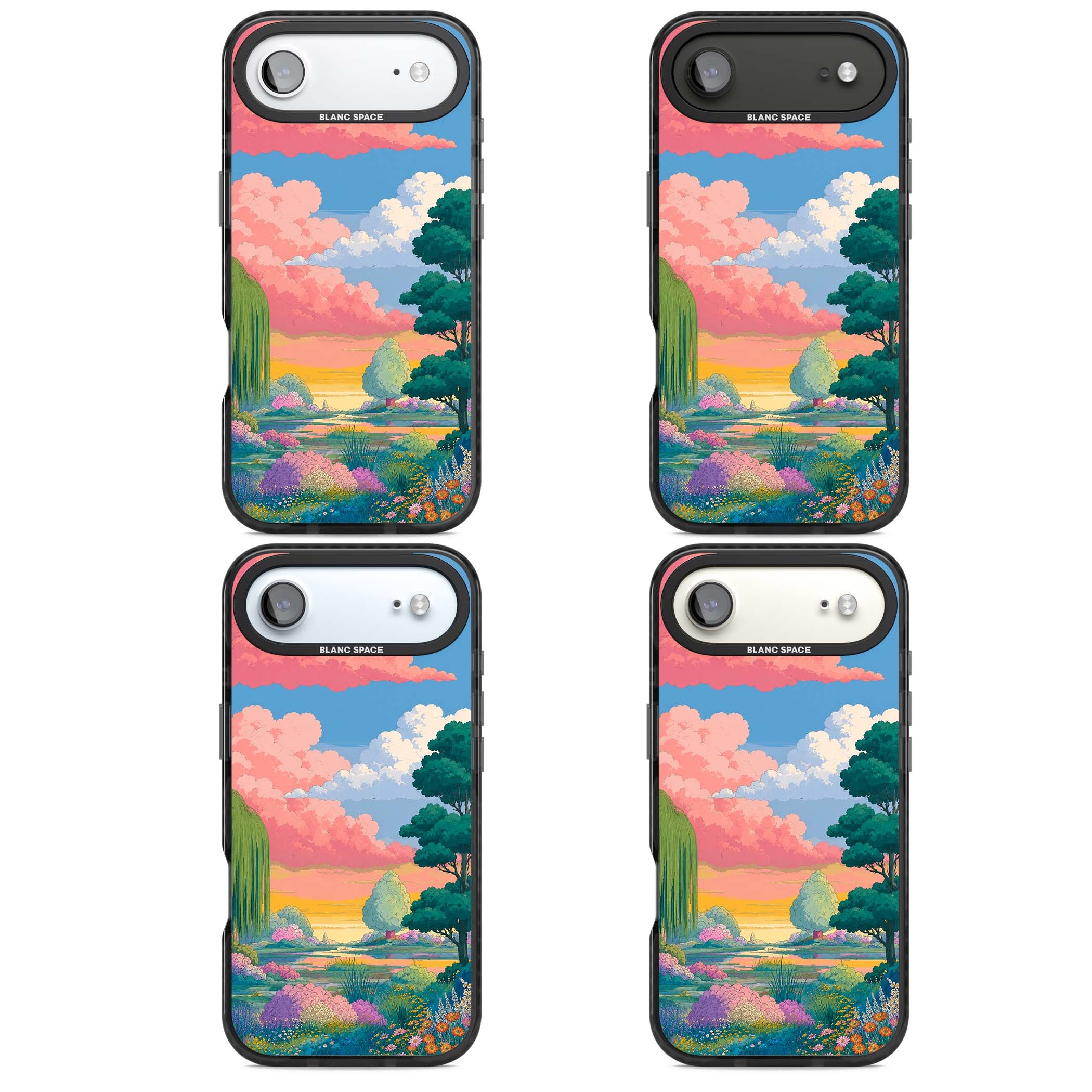 Dream Valley anime landscape iPhone case featuring pink sunset clouds, willow trees and wildflowers | Black Impact Magsafe case for iPhone Air