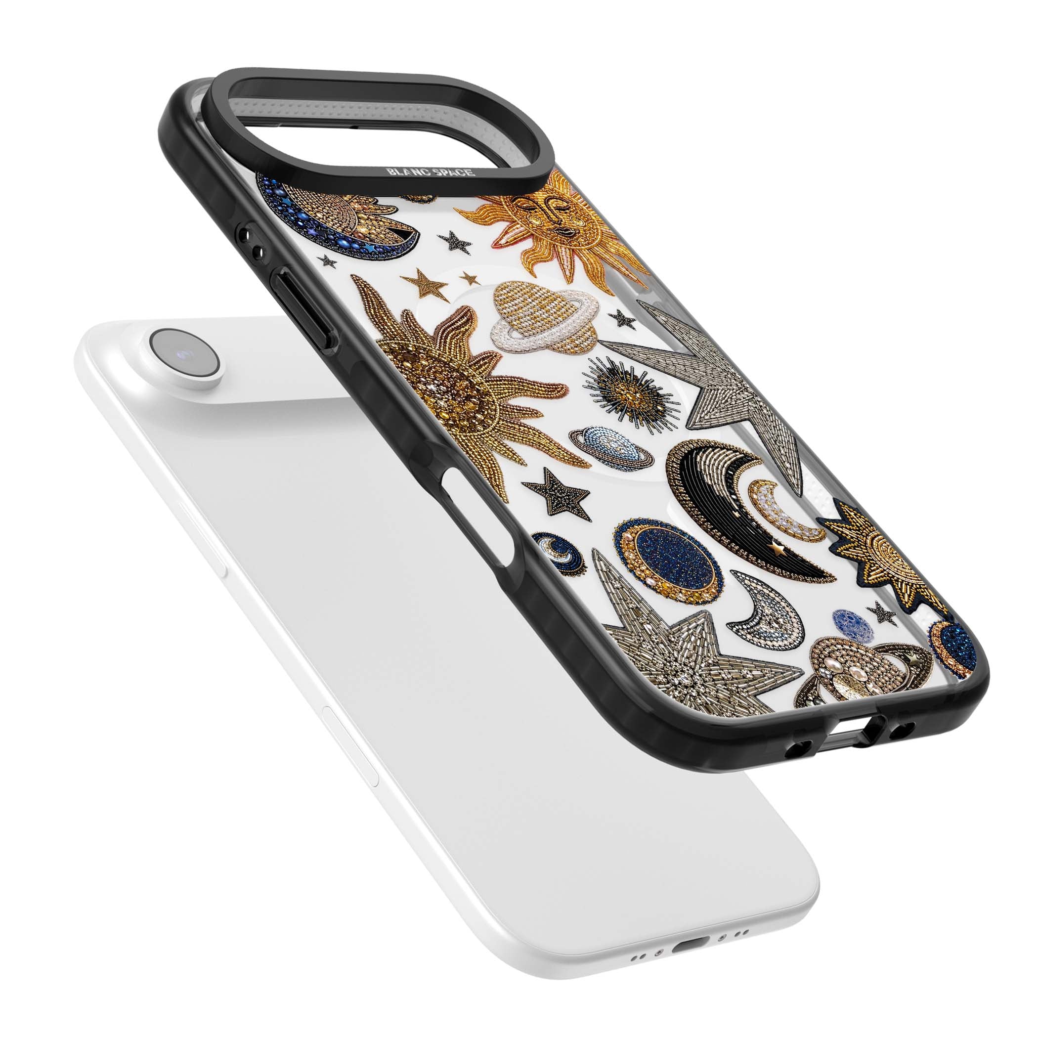 Beaded Cosmos celestial iPhone case featuring embroidered golden suns, beaded planets and silver shooting stars | Black Impact Magsafe case for iPhone Air
