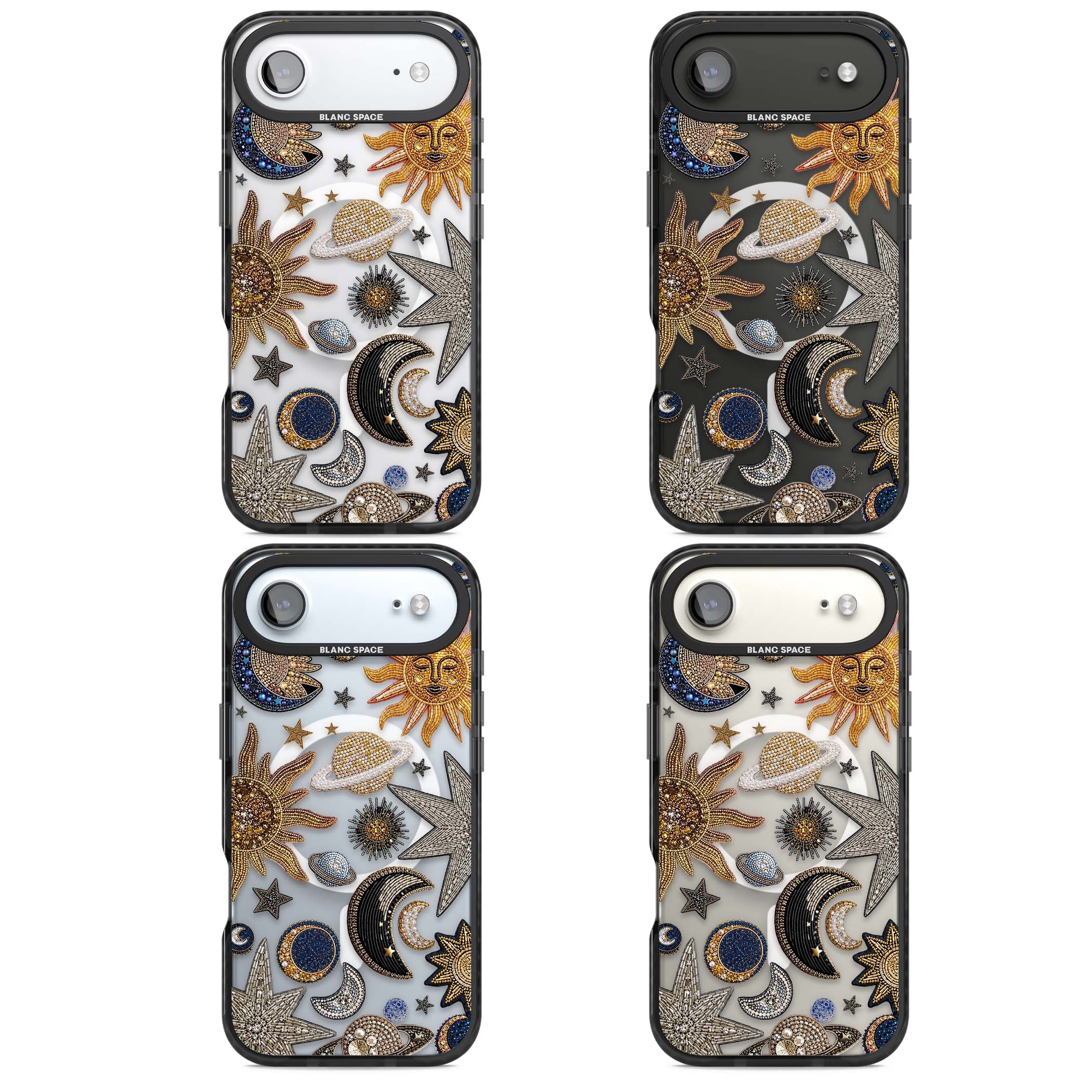 Beaded Cosmos celestial iPhone case featuring embroidered golden suns, beaded planets and silver shooting stars | Black Impact Magsafe case for iPhone Air