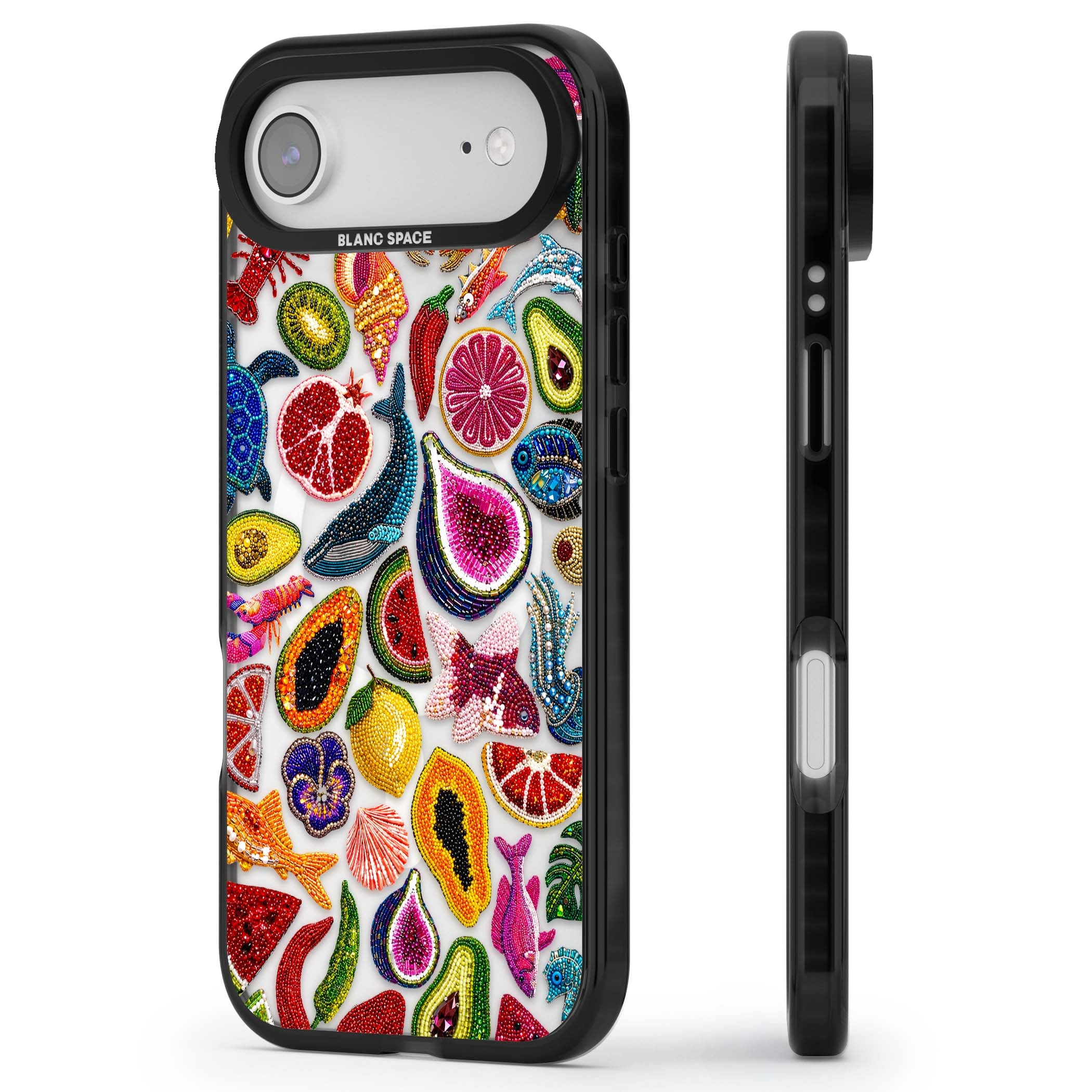 Beaded Tropic tropical iPhone case featuring beaded fruit, fish, crabs and seashells in vibrant colour | Black Impact Magsafe case for iPhone Air