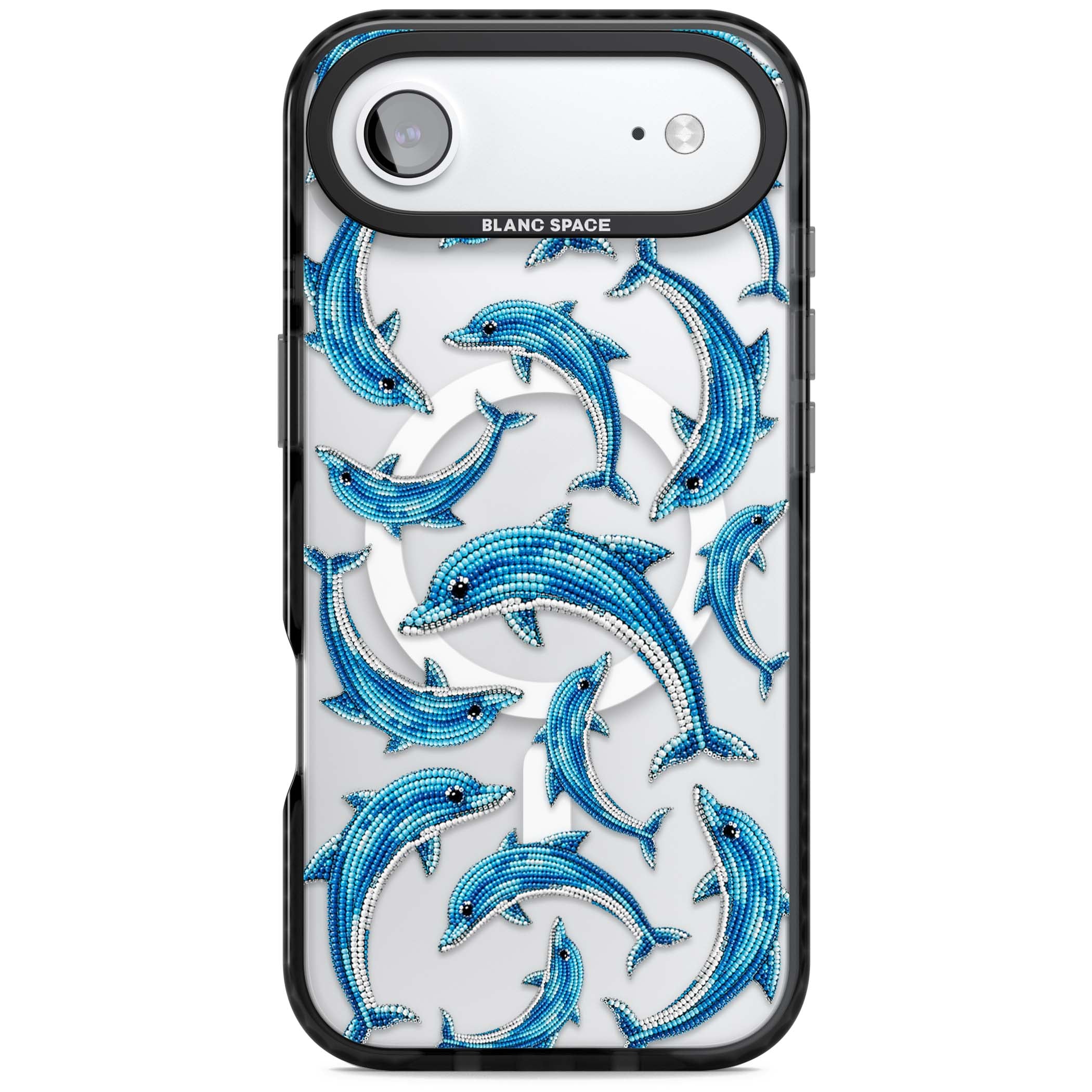 Beaded Dolphins coastal iPhone case featuring beaded dolphins in blue and white swimming across a clear background | Black Impact Magsafe case for iPhone Air