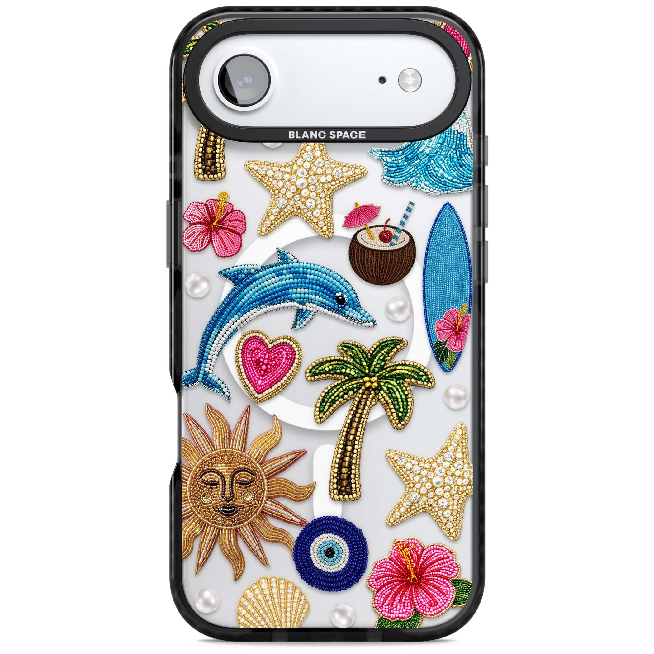 Beaded Beach coastal summer iPhone case featuring embroidered evil eye, hibiscus flowers, dolphin and palm tree patches | Black Impact Magsafe case for iPhone Air