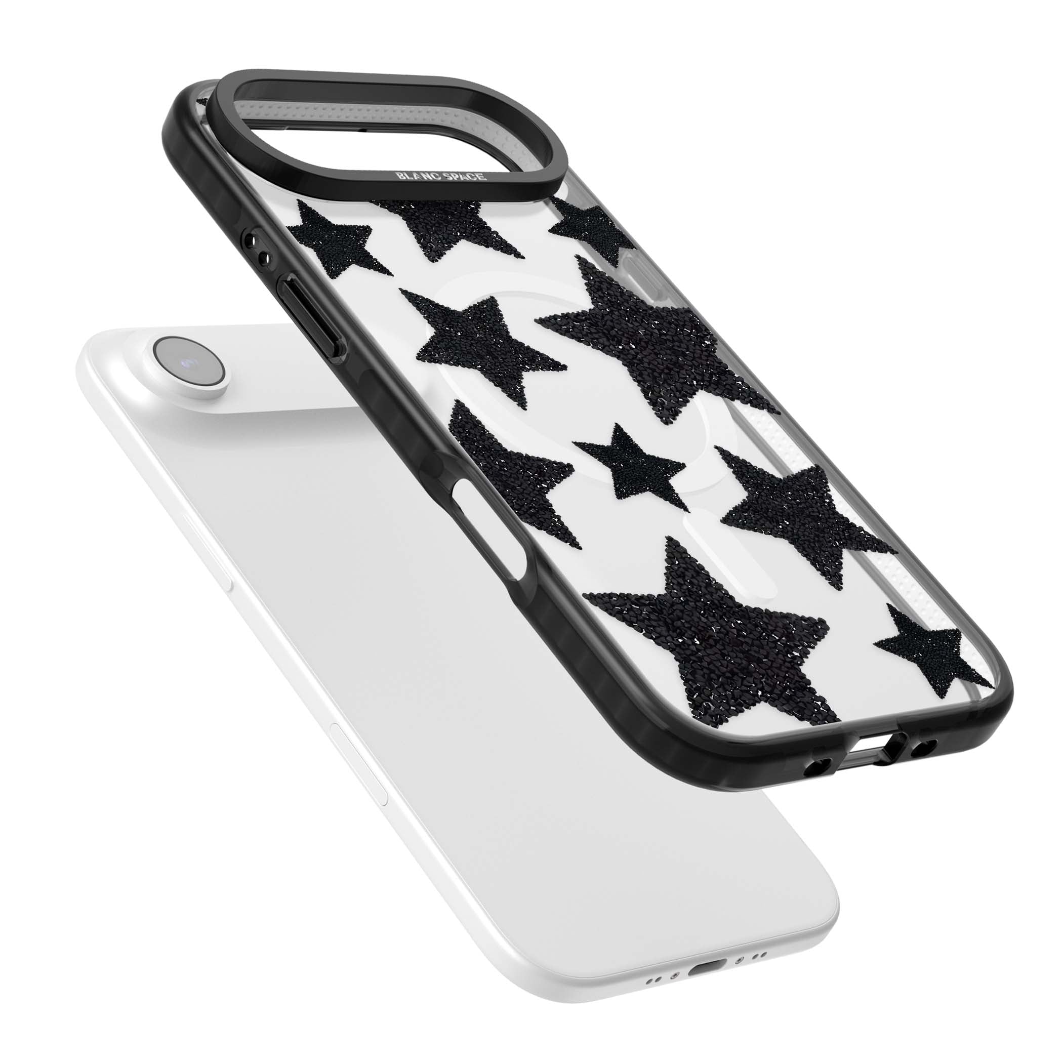 Beaded Black Stars celestial iPhone case featuring black glitter beaded stars scattered on a clear background | Black Impact Magsafe case for iPhone Air