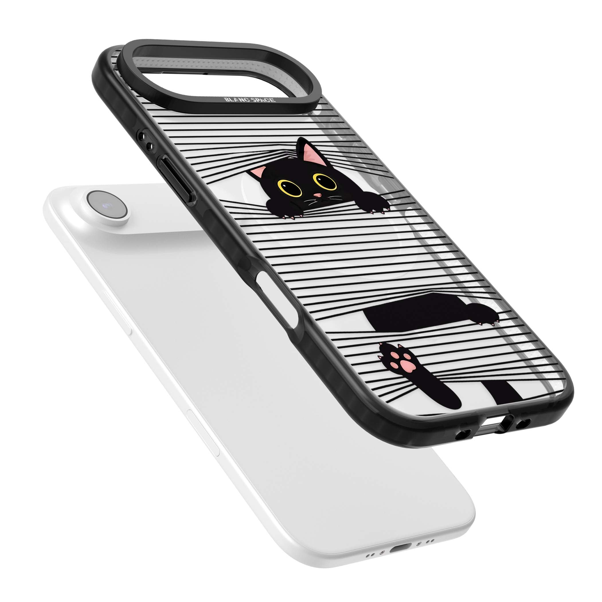 Peek-a-Boo Cat minimal iPhone case featuring black cat peeking through horizontal black and white stripes | Black Impact Magsafe case for iPhone Air