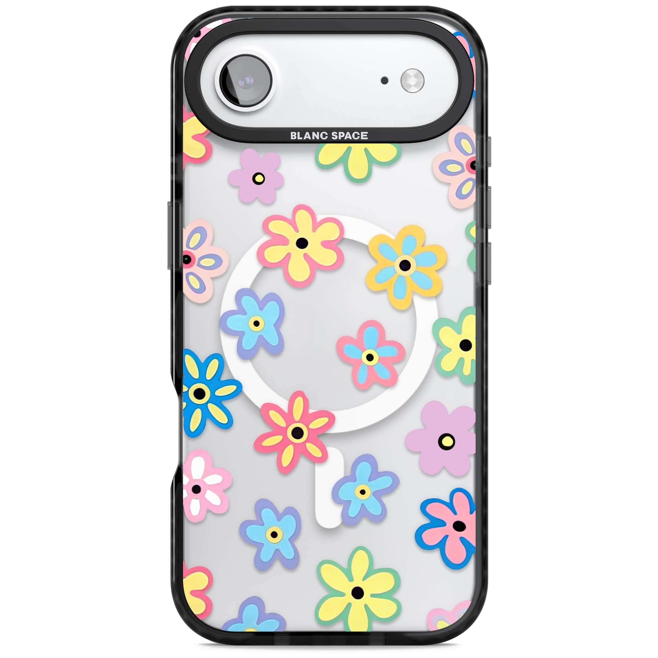 Bloom Pop cottagecore iPhone case featuring multicolor pastel flowers with black centers on clear background | Black Impact Magsafe case for iPhone Air