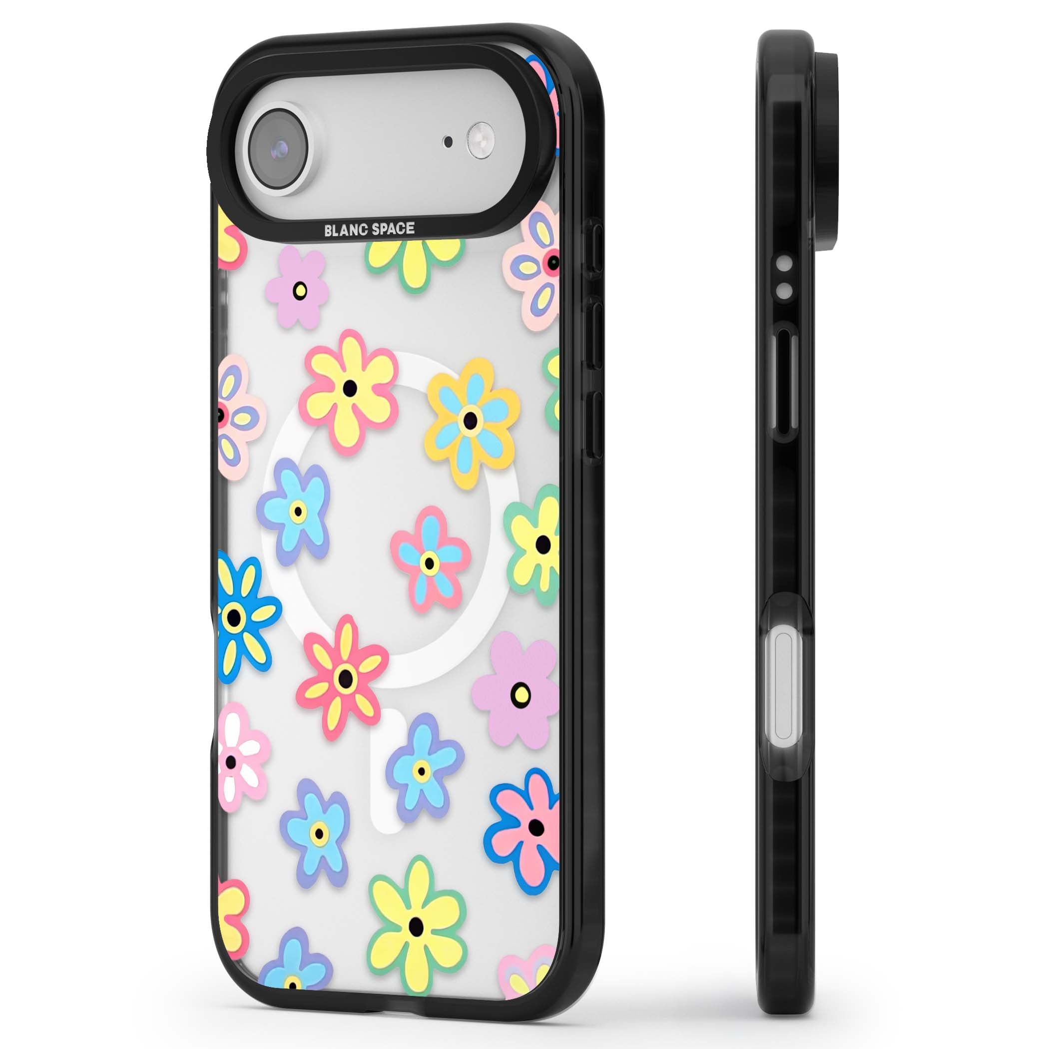 Bloom Pop cottagecore iPhone case featuring multicolor pastel flowers with black centers on clear background | Black Impact Magsafe case for iPhone Air