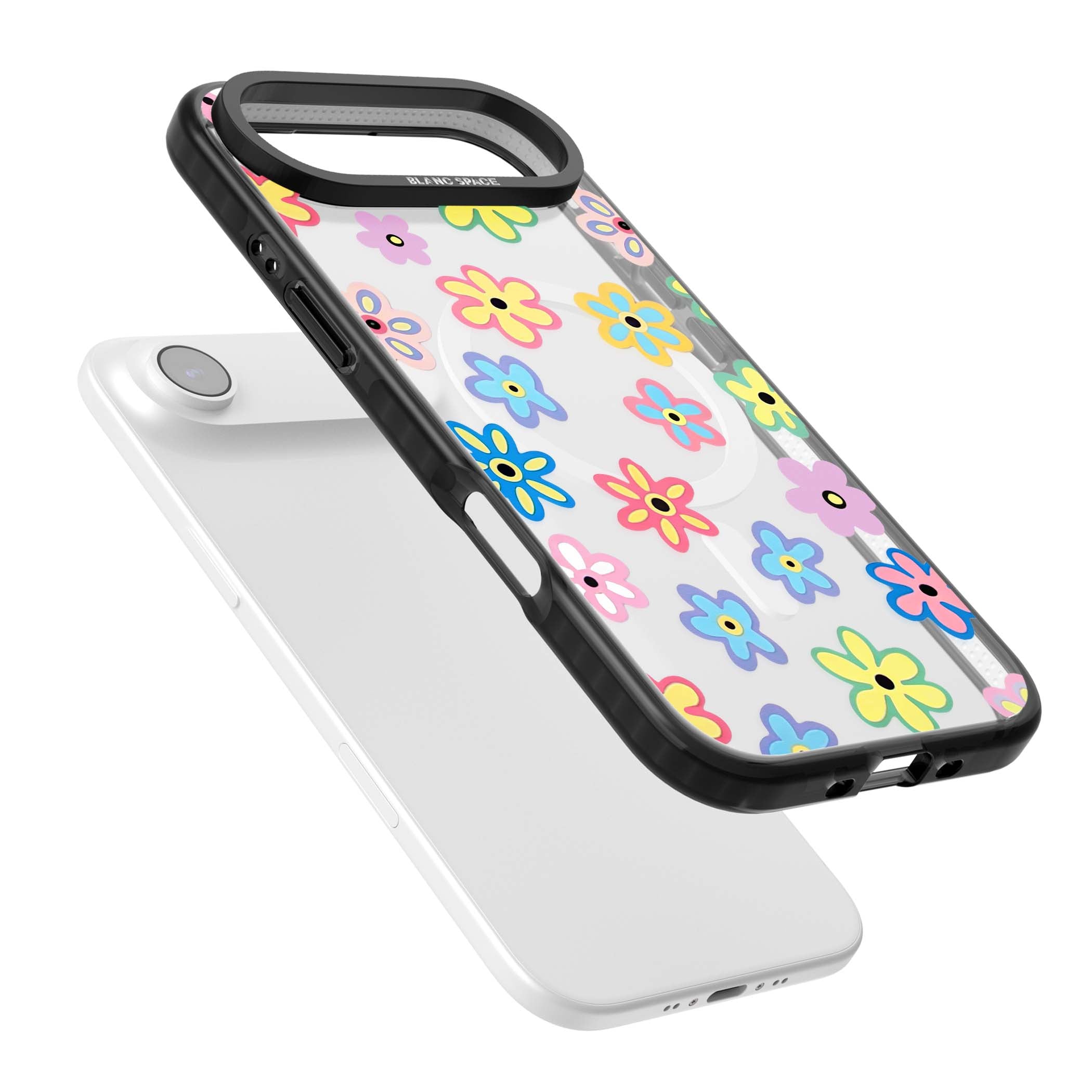 Bloom Pop cottagecore iPhone case featuring multicolor pastel flowers with black centers on clear background | Black Impact Magsafe case for iPhone Air