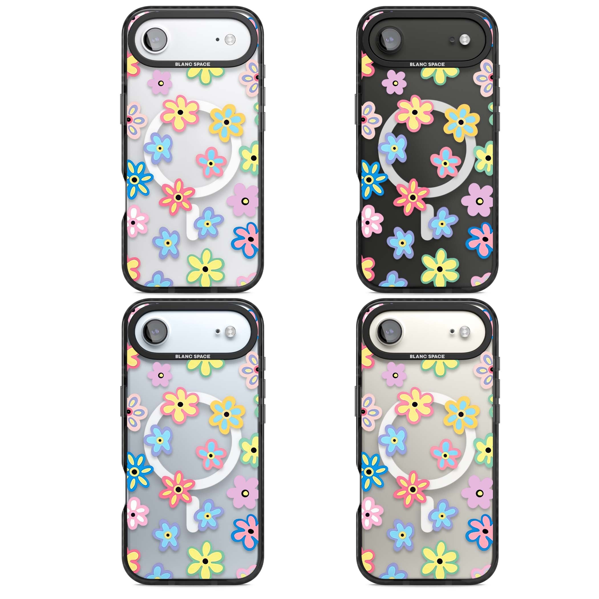 Bloom Pop cottagecore iPhone case featuring multicolor pastel flowers with black centers on clear background | Black Impact Magsafe case for iPhone Air