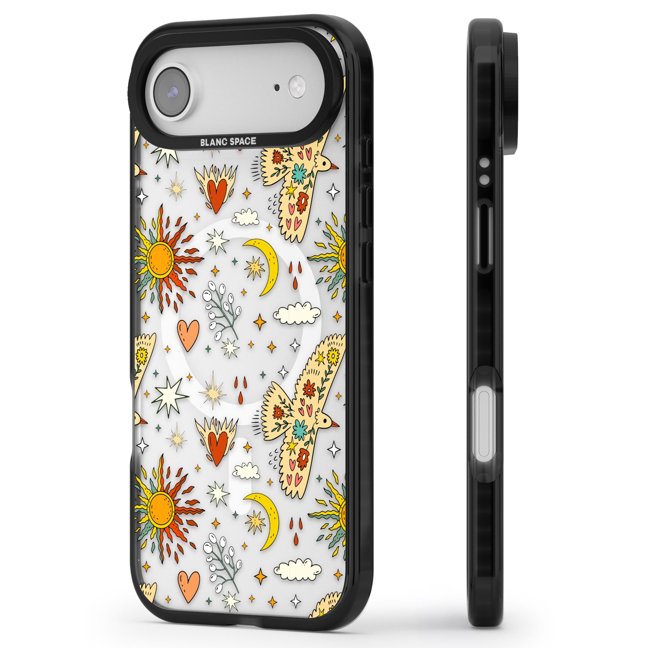 Boho Celestial Floral Bird Sun iPhone 17 Air Impact Pro Black Phone Case Side Profile