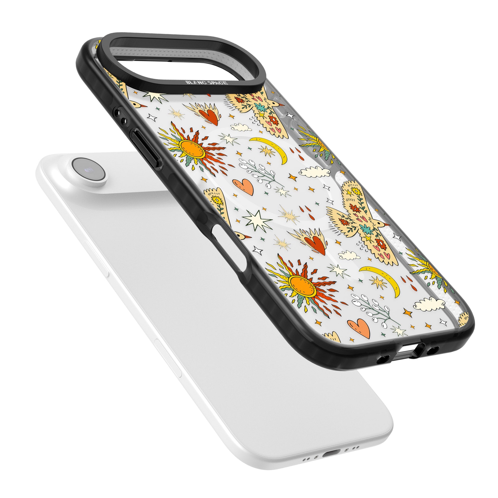 Boho Celestial Floral Bird Sun iPhone 17 Air Impact Pro Black Phone Case Colours