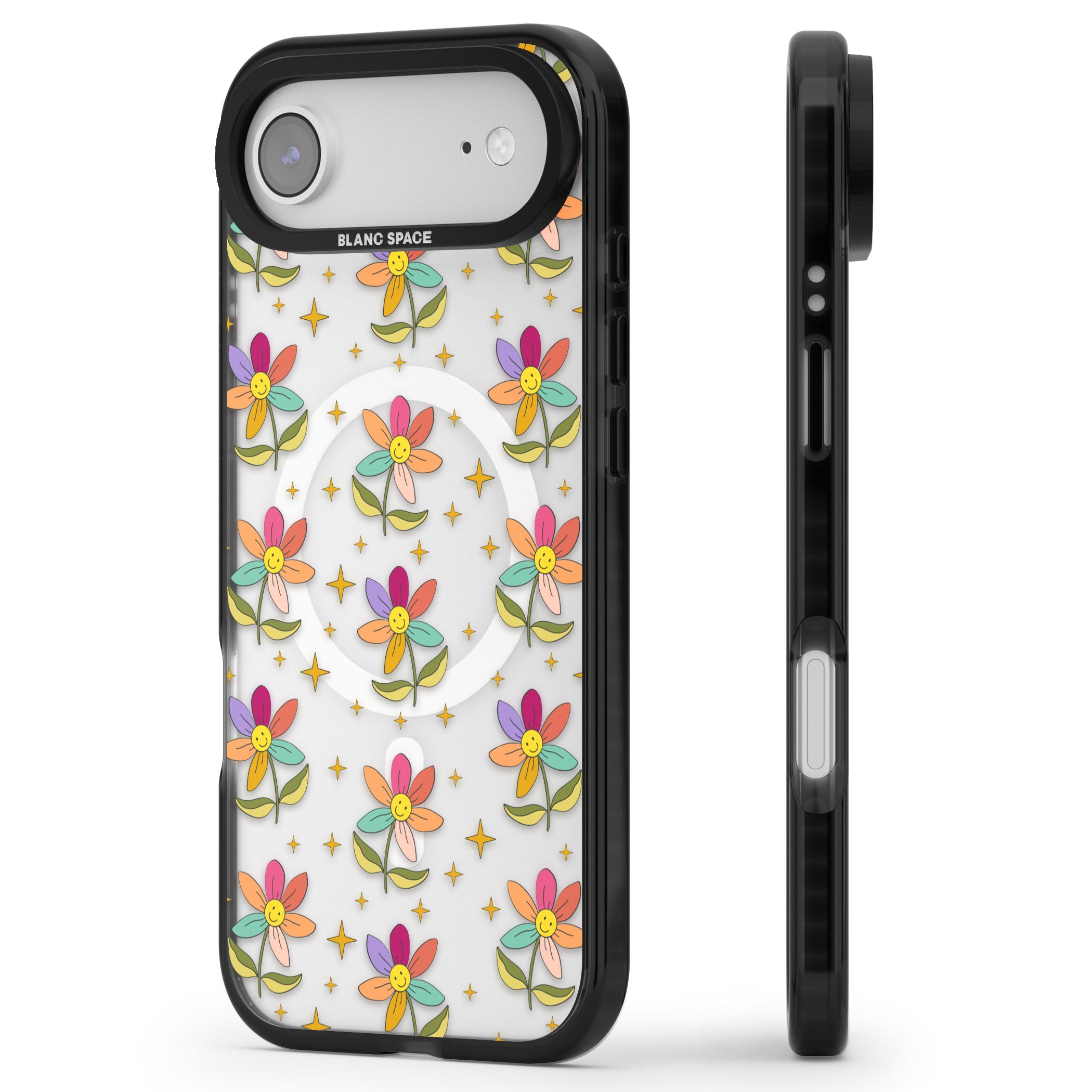 Boho Celestial Happy Flower iPhone 17 Air Impact Pro Black Phone Case Side Profile