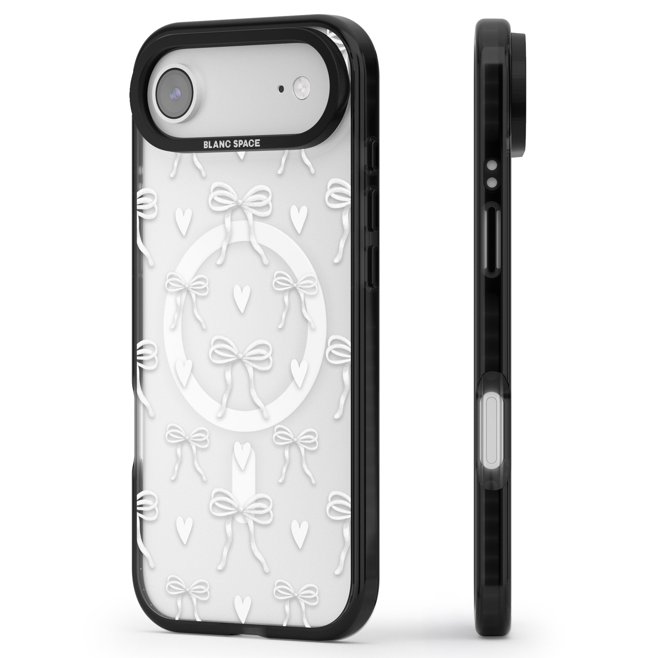 White Bows & Hearts iPhone 17 Air Impact Pro Black Phone Case Side Profile