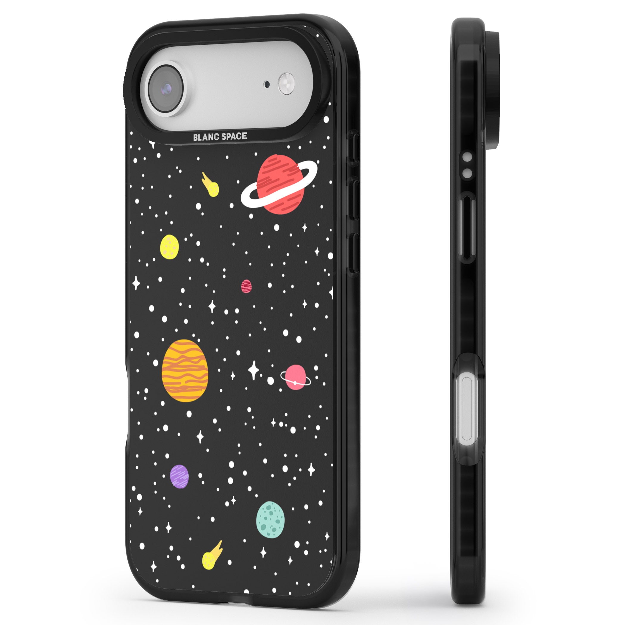 Cute Cartoon Planets iPhone 17 Air Impact Pro Black Phone Case Side Profile