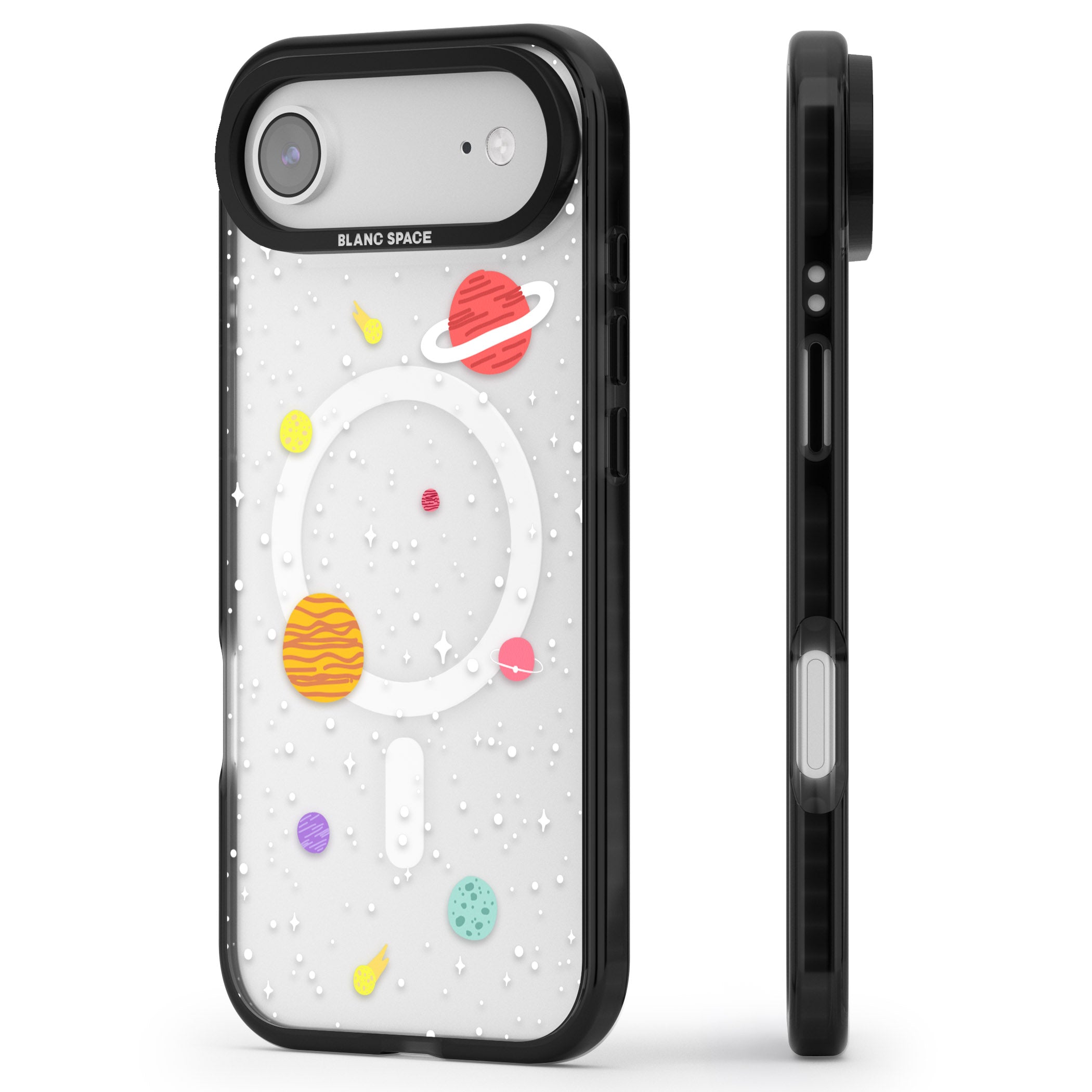 Cute Cartoon Planets (Clear) iPhone 17 Air Impact Pro Black Phone Case Side Profile