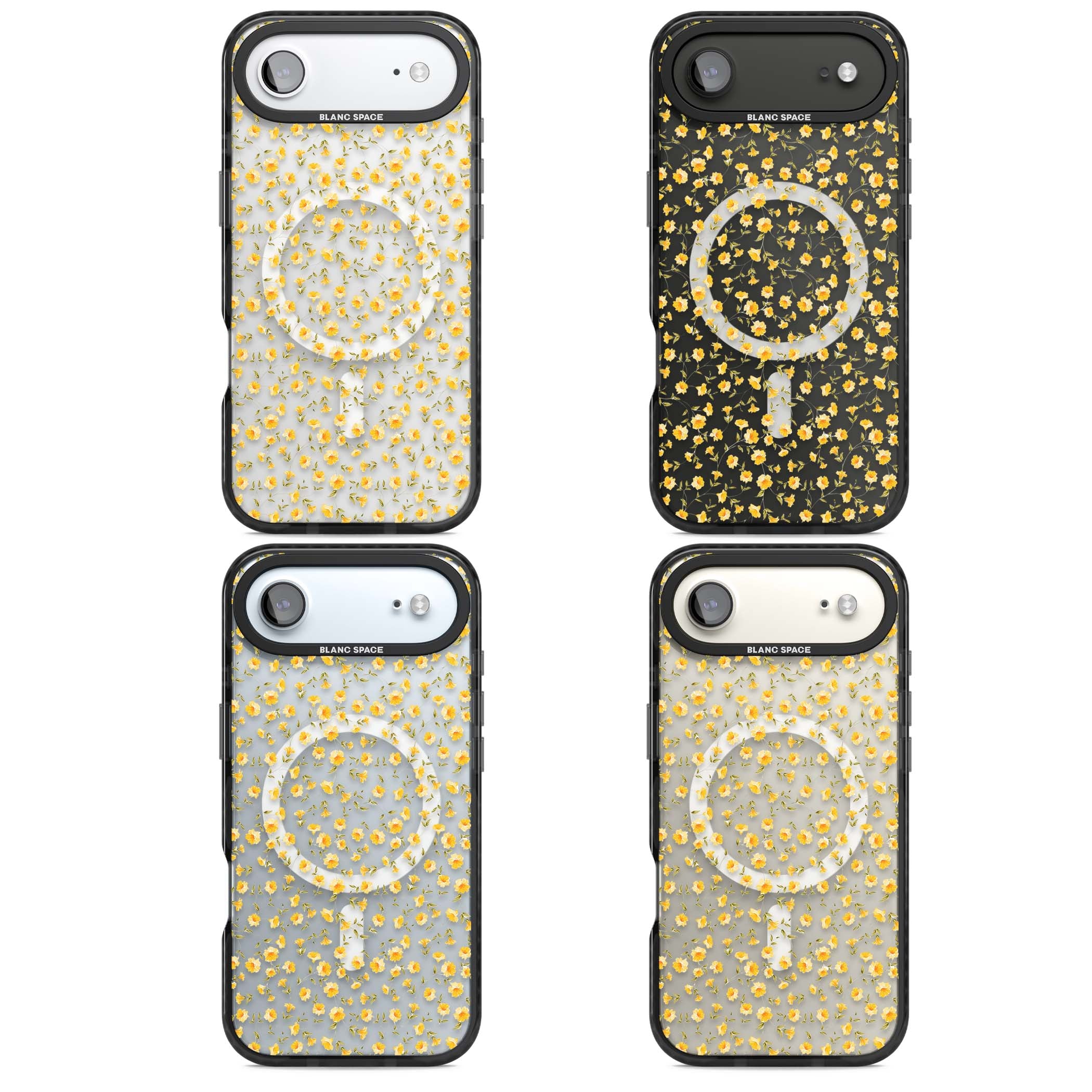 Buttercup wildflower iPhone case featuring tiny yellow flowers and trailing green vines on clear | Black Impact Magsafe case for iPhone Air