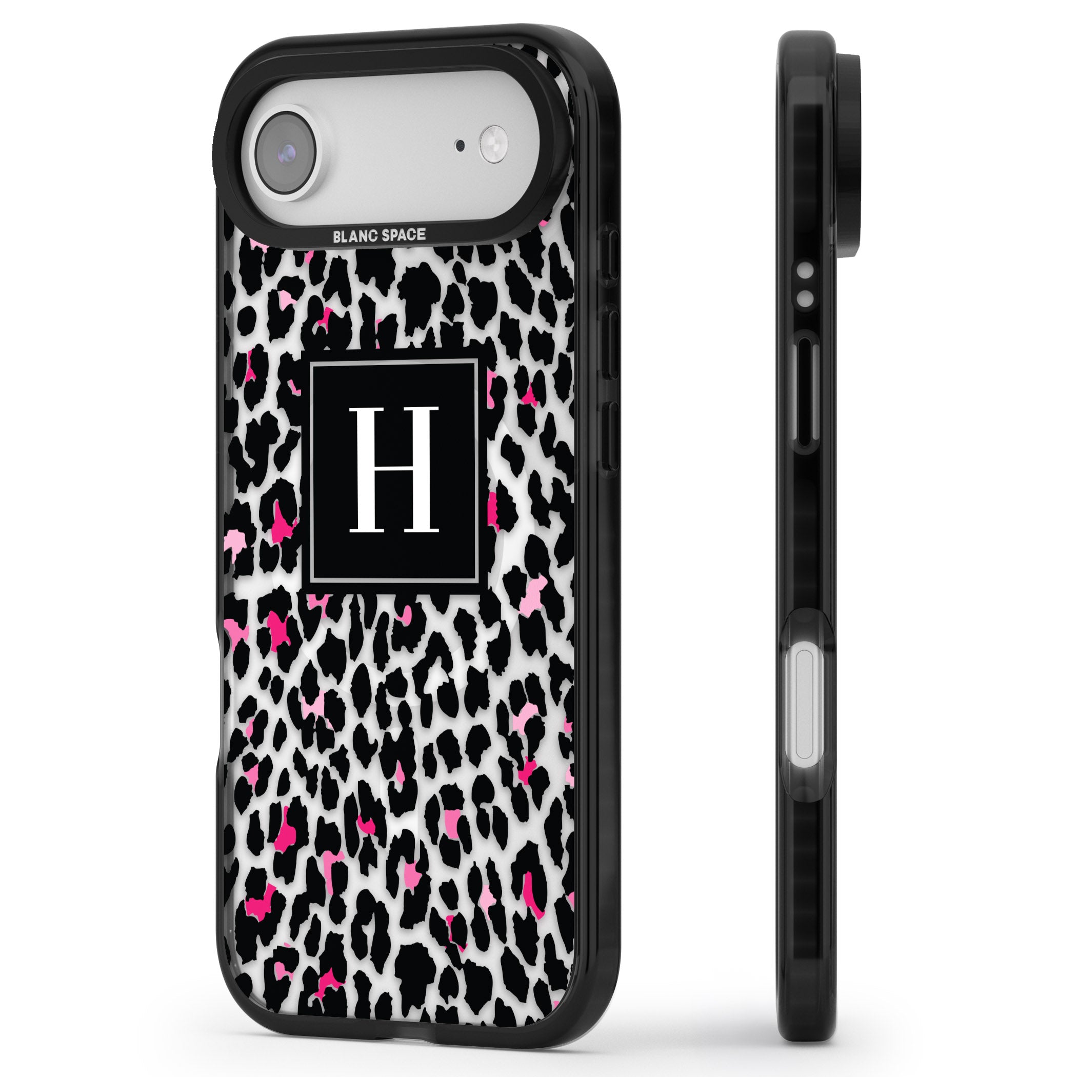 Personalised Clear Pink Leopard Monogram iPhone 17 Air Impact Pro Black Phone Case Side Profile