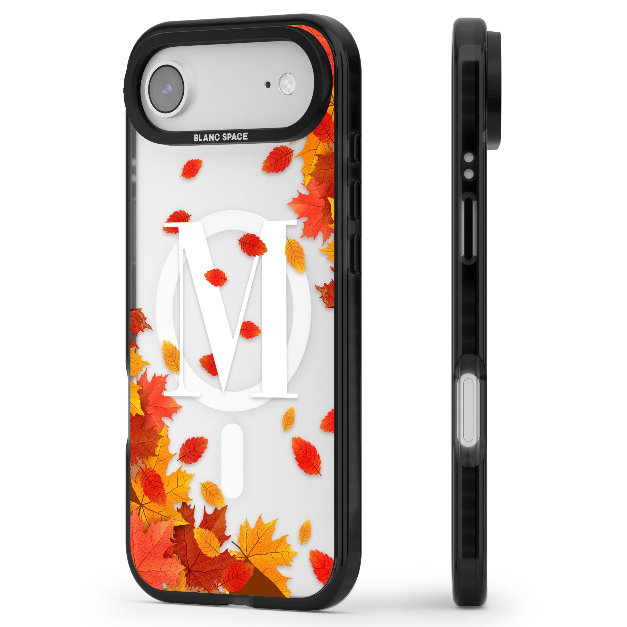 Personalised Autumn Leaves Monogram iPhone 17 Air Impact Pro Black Phone Case Side Profile