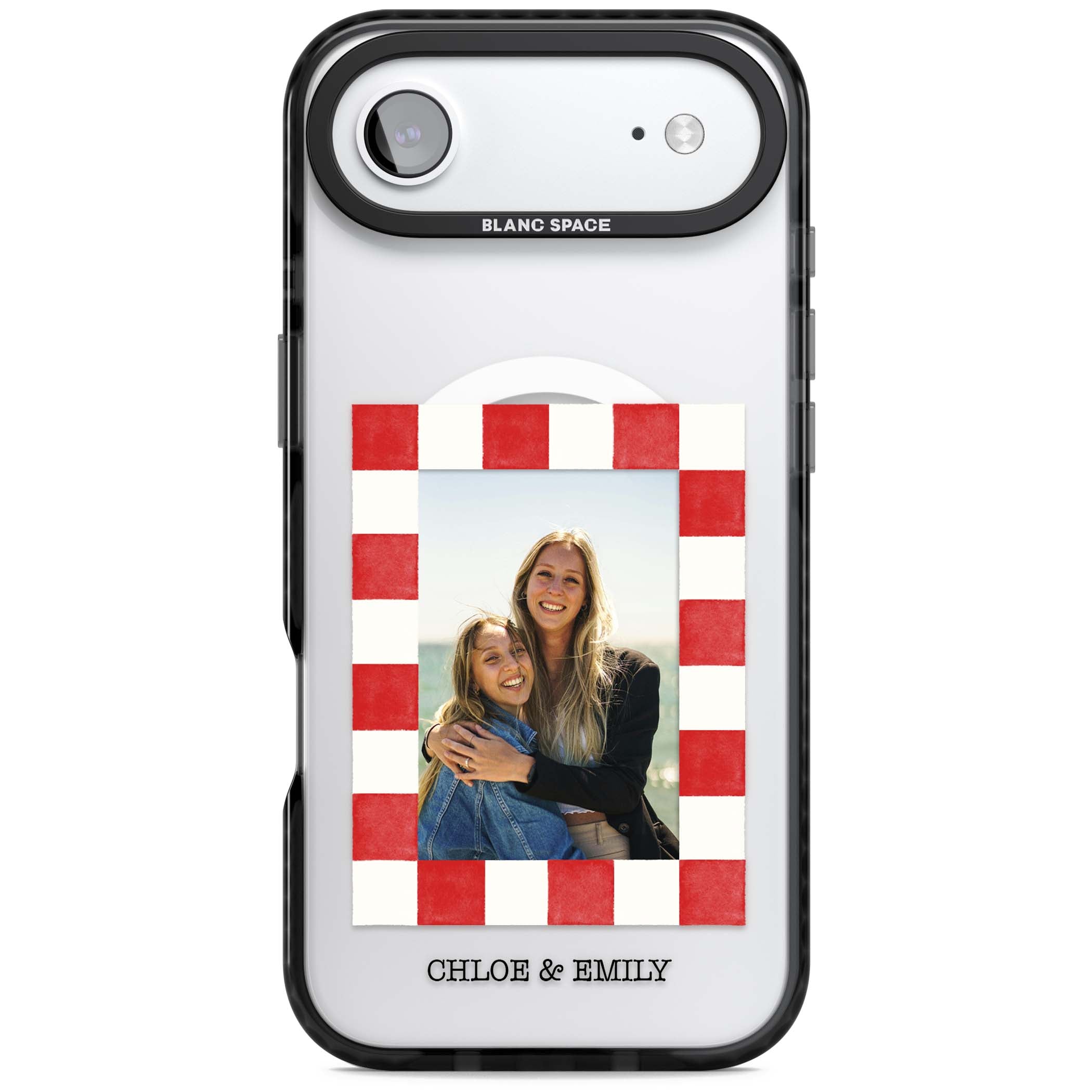 Red Check Photo personalised photo iPhone case with red and white checkered polaroid frame and custom couple name | Black Impact Magsafe case for iPhone Air