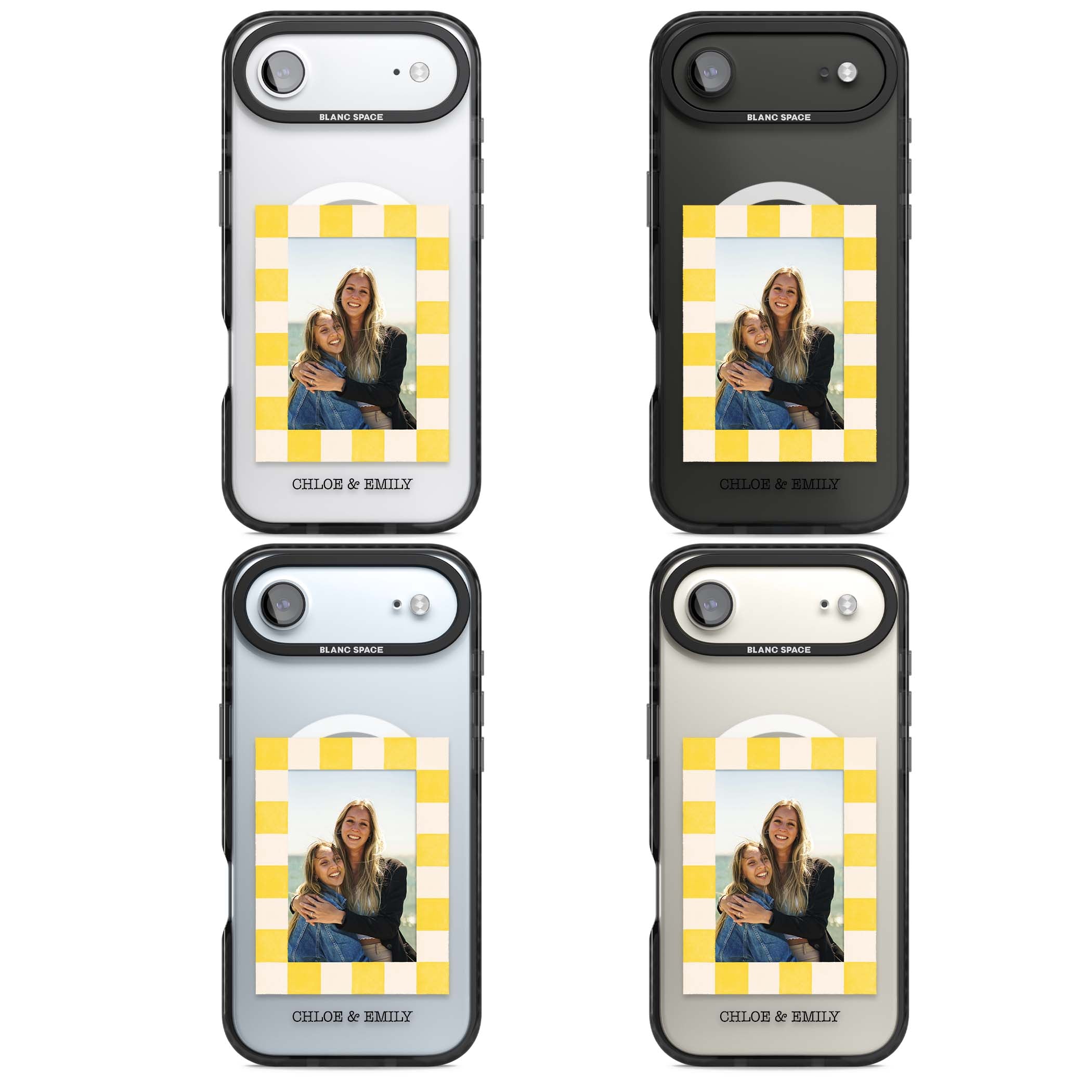 Yellow Check Photo personalised iPhone case with yellow checkered Polaroid frame and custom names beneath | Black Impact Magsafe case for iPhone Air