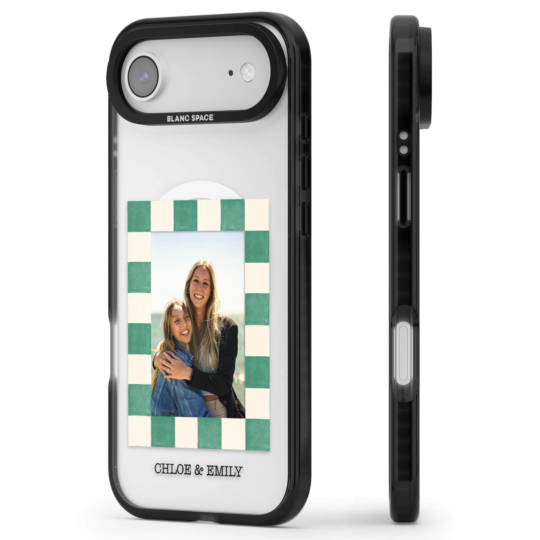 Seafoam Check Photo personalised iPhone case featuring a custom polaroid photo, green and cream checkered frame, and custom n | Black Impact Magsafe case for iPhone Air