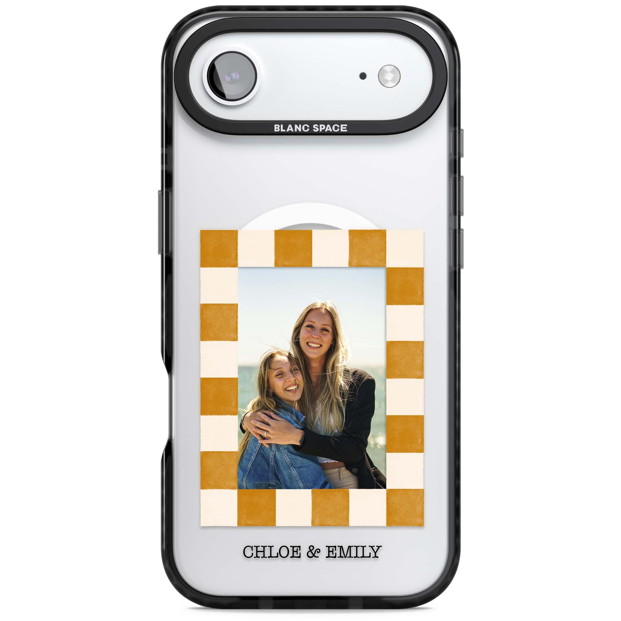 Citrus Check Photo personalised iPhone case with custom photo, orange checkered frame and names underneath | Black Impact Magsafe case for iPhone Air