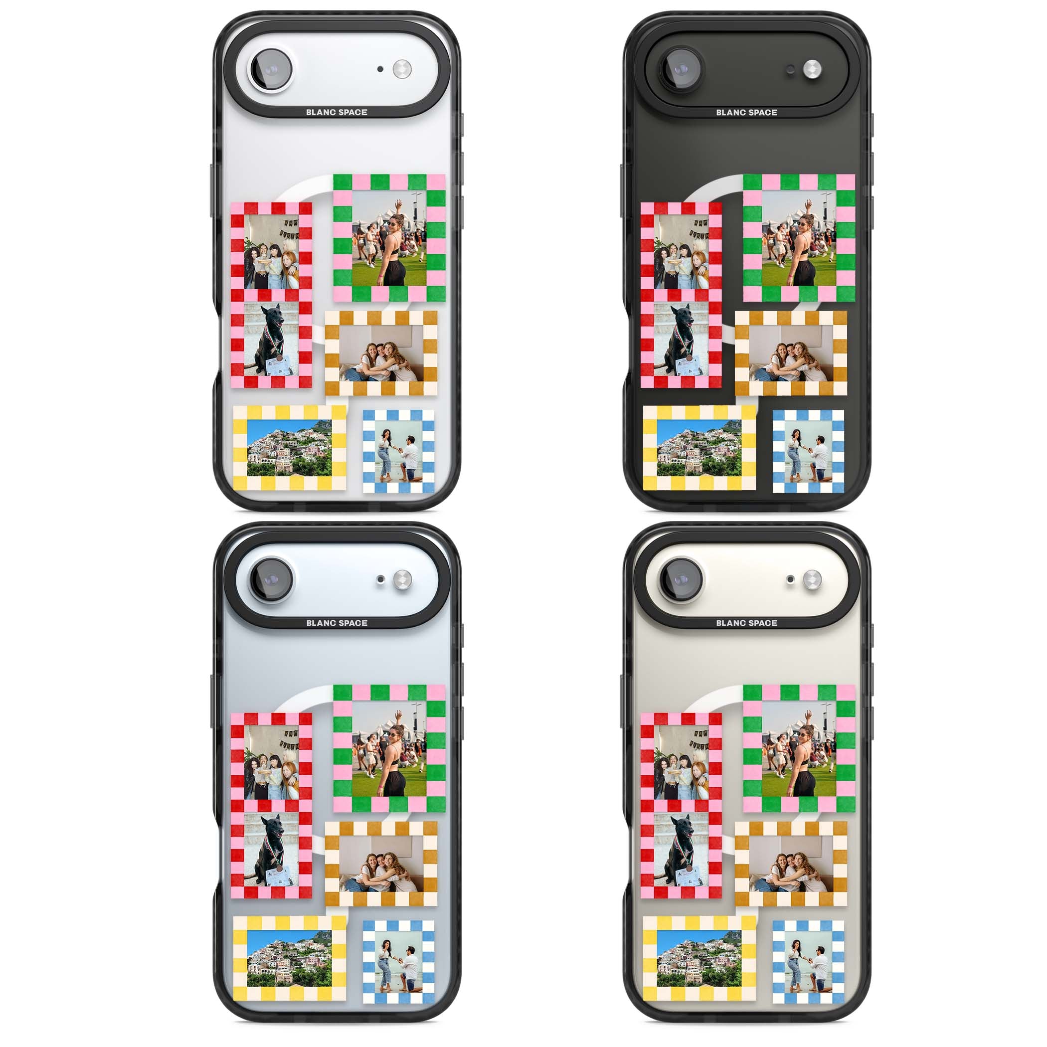 Italian Check Frames custom photo collage iPhone case featuring six checkered photo frames in red, green, pink and | Black Impact Magsafe case for iPhone Air