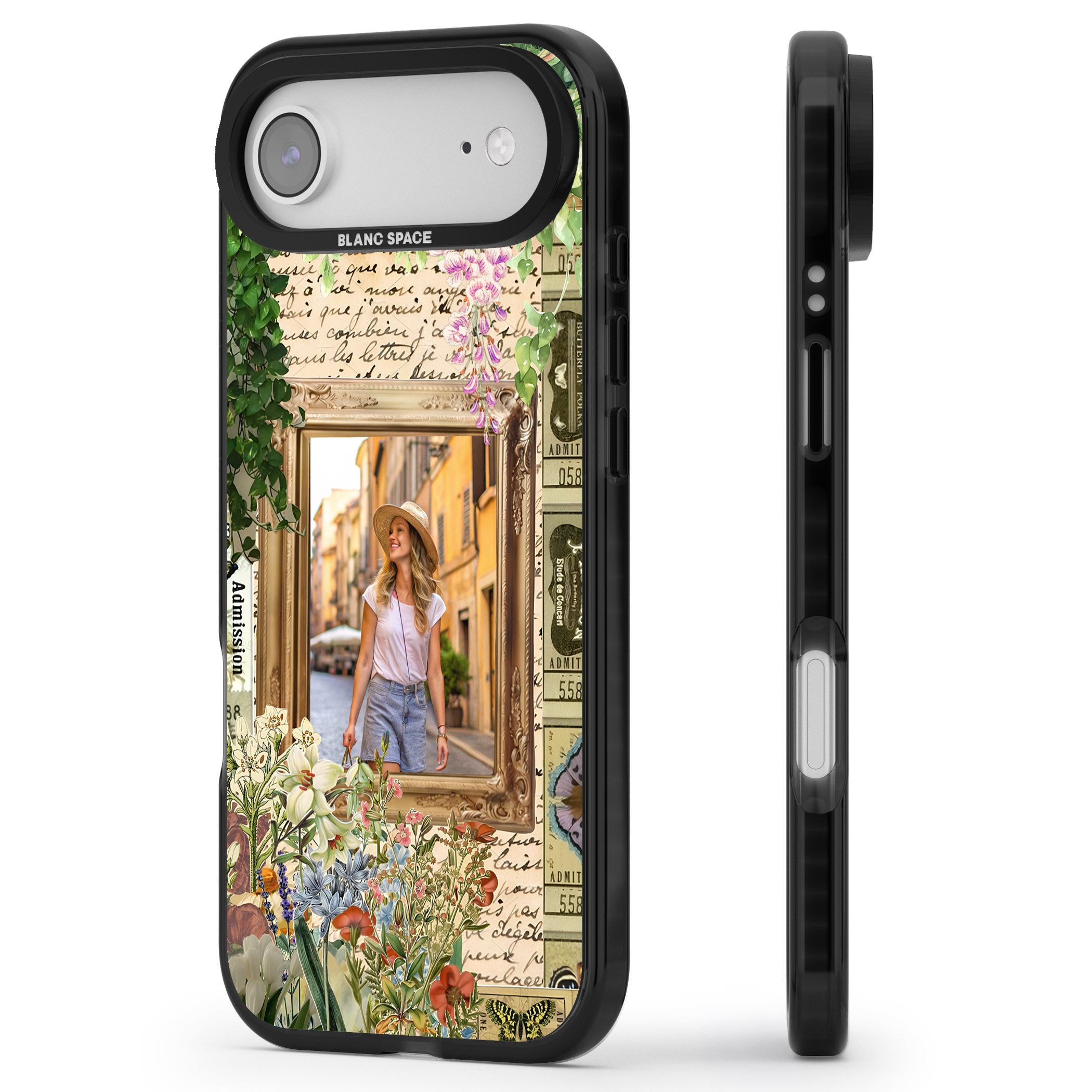 Personalised Tuscan Floral Collage Frame iPhone 17 Air Impact Pro Black Phone Case Side Profile