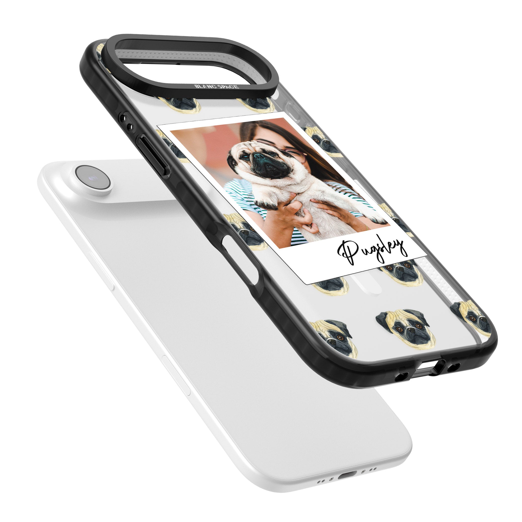 Personalised Pug Instant Camera Photo iPhone 17 Air Impact Pro Black Phone Case Colours