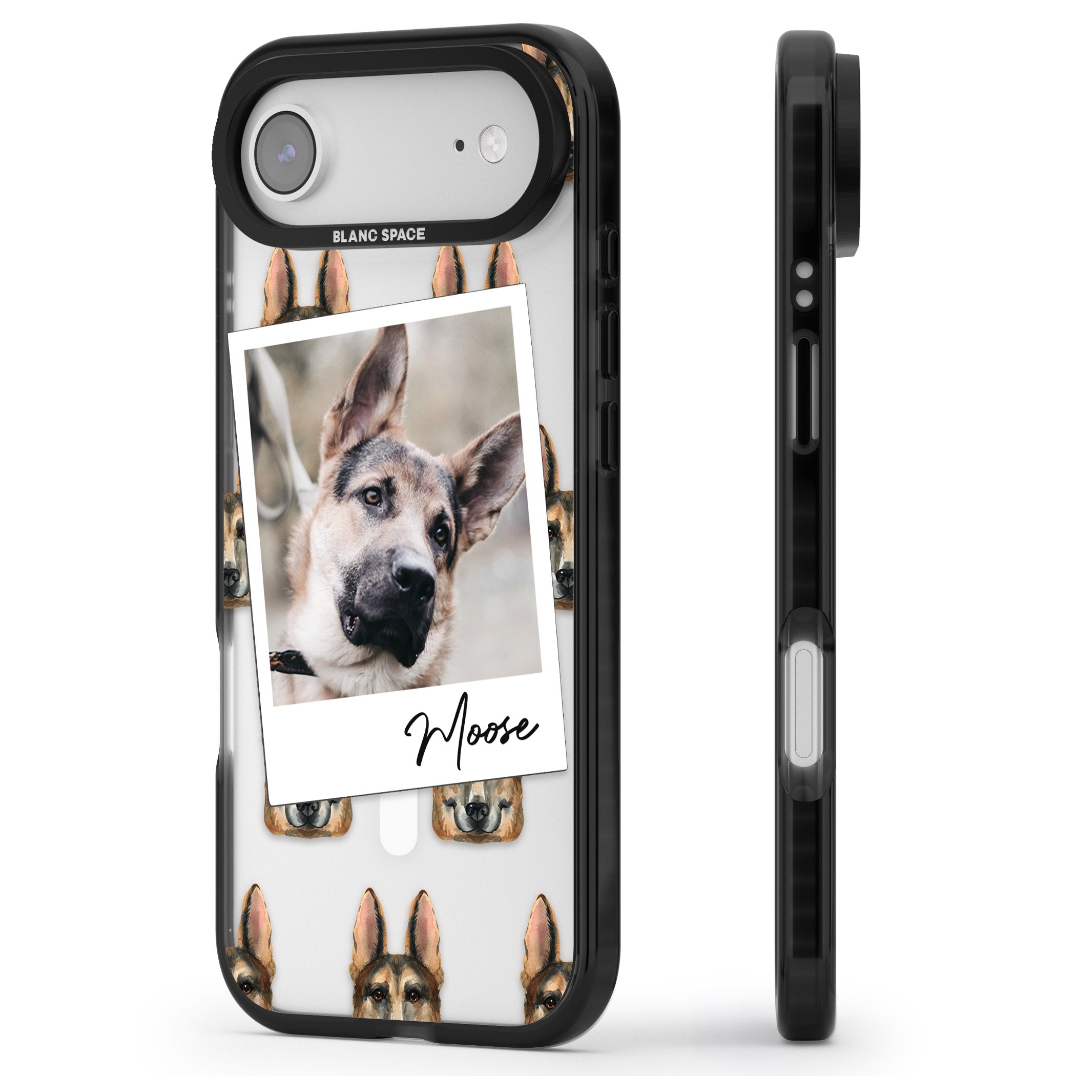 Personalised German Shepherd Instant Camera Photo iPhone 17 Air Impact Pro Black Phone Case Side Profile