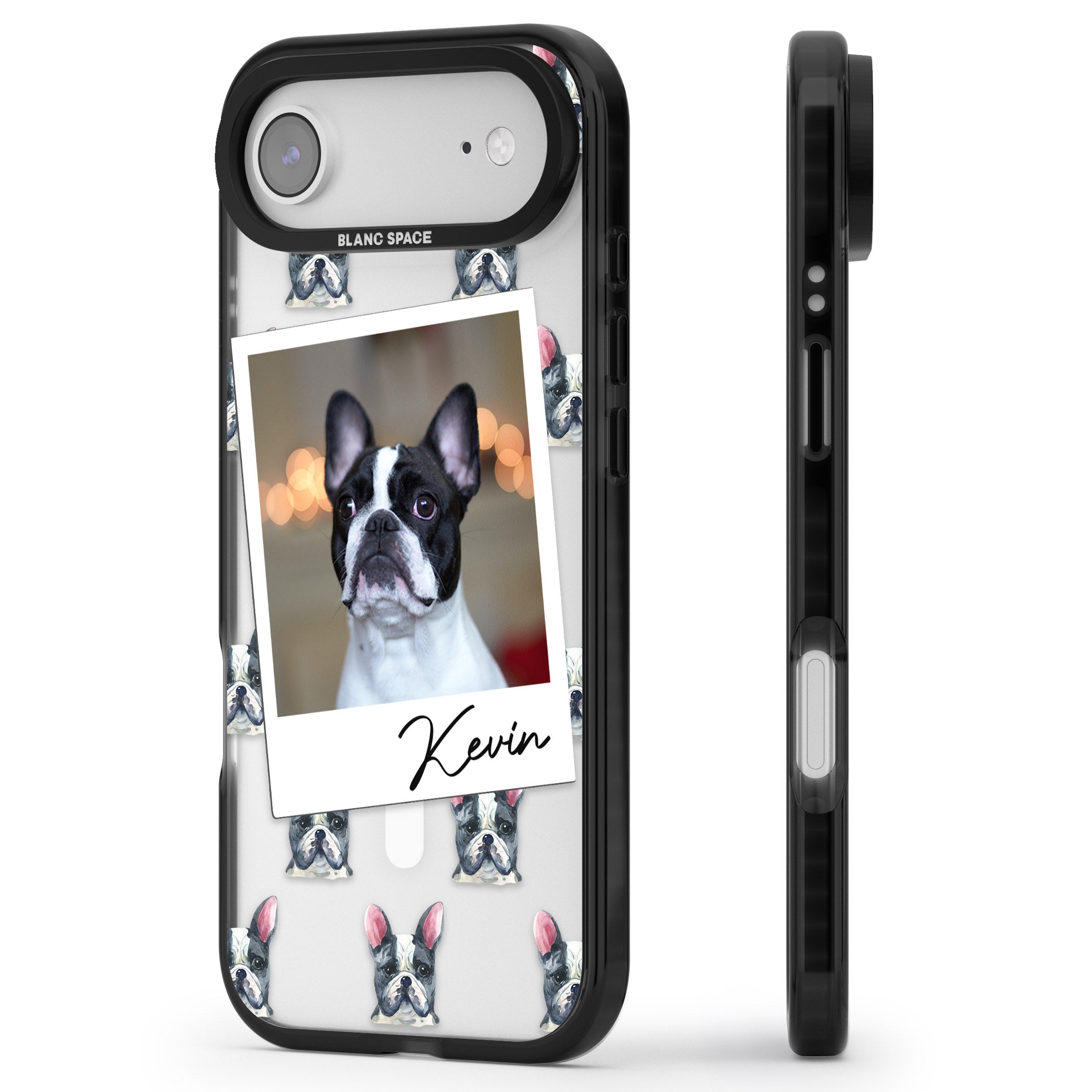 Personalised Black & White French Bulldog Instant Camera Photo iPhone 17 Air Impact Pro Black Phone Case Side Profile