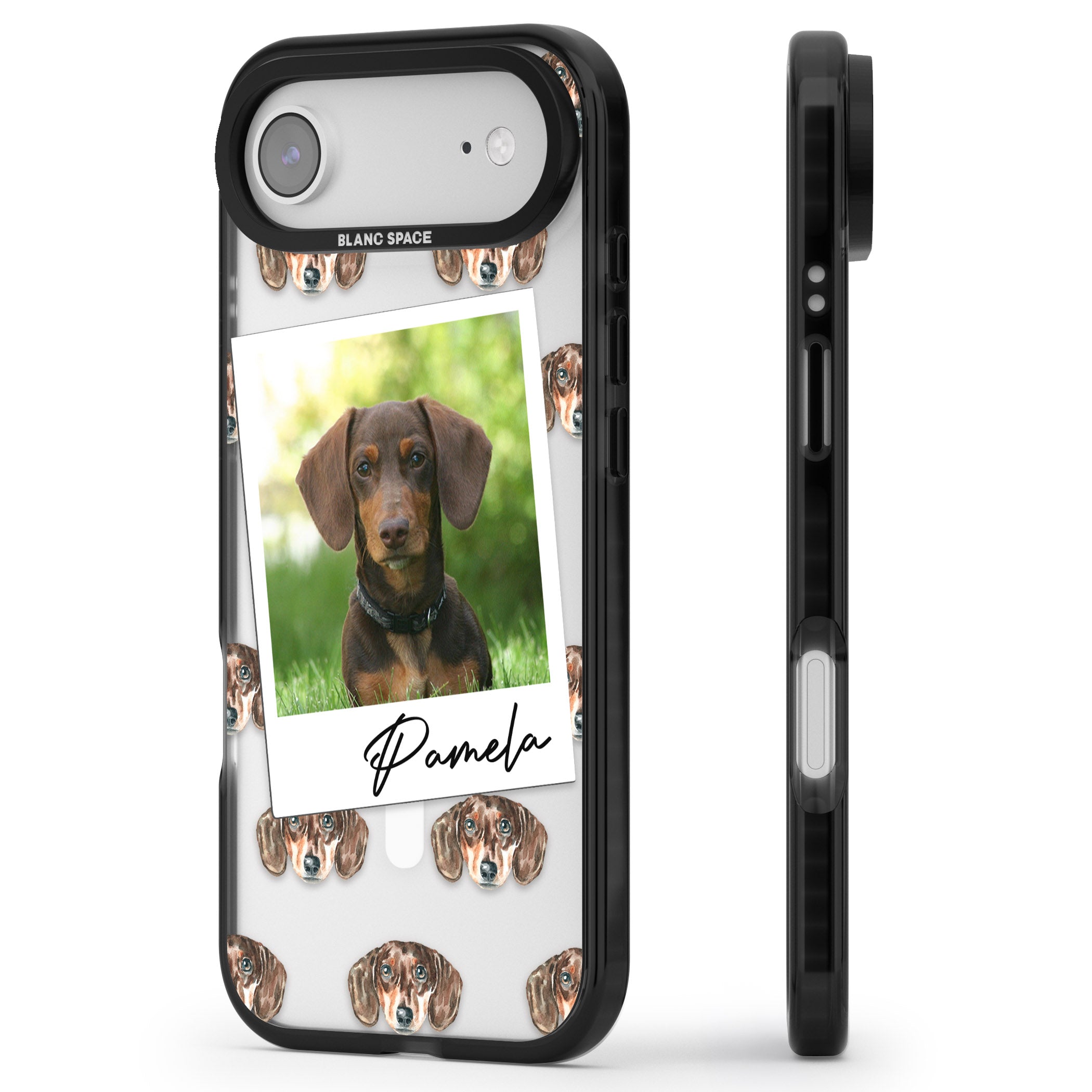 Personalised Brown Dachshund Instant Camera Photo iPhone 17 Air Impact Pro Black Phone Case Side Profile