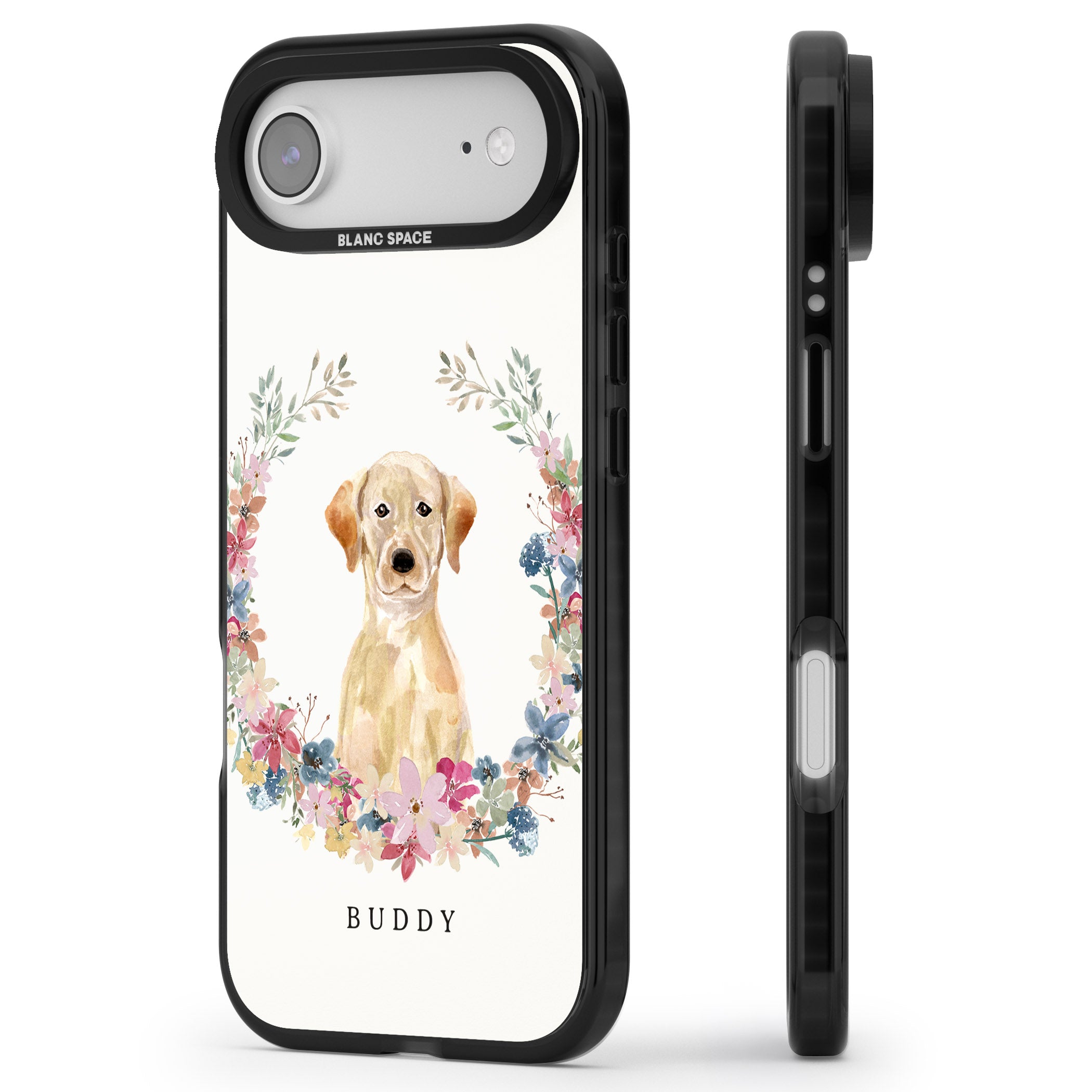 Personalised Yellow Labrador Retriever Floral Portrait iPhone 17 Air Impact Pro Black Phone Case Side Profile
