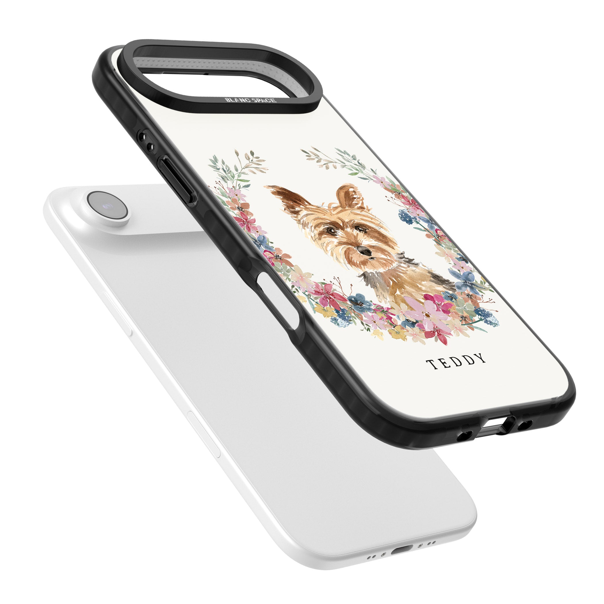 Personalised Yorkshire Terrier Floral Portrait iPhone 17 Air Impact Pro Black Phone Case Colours