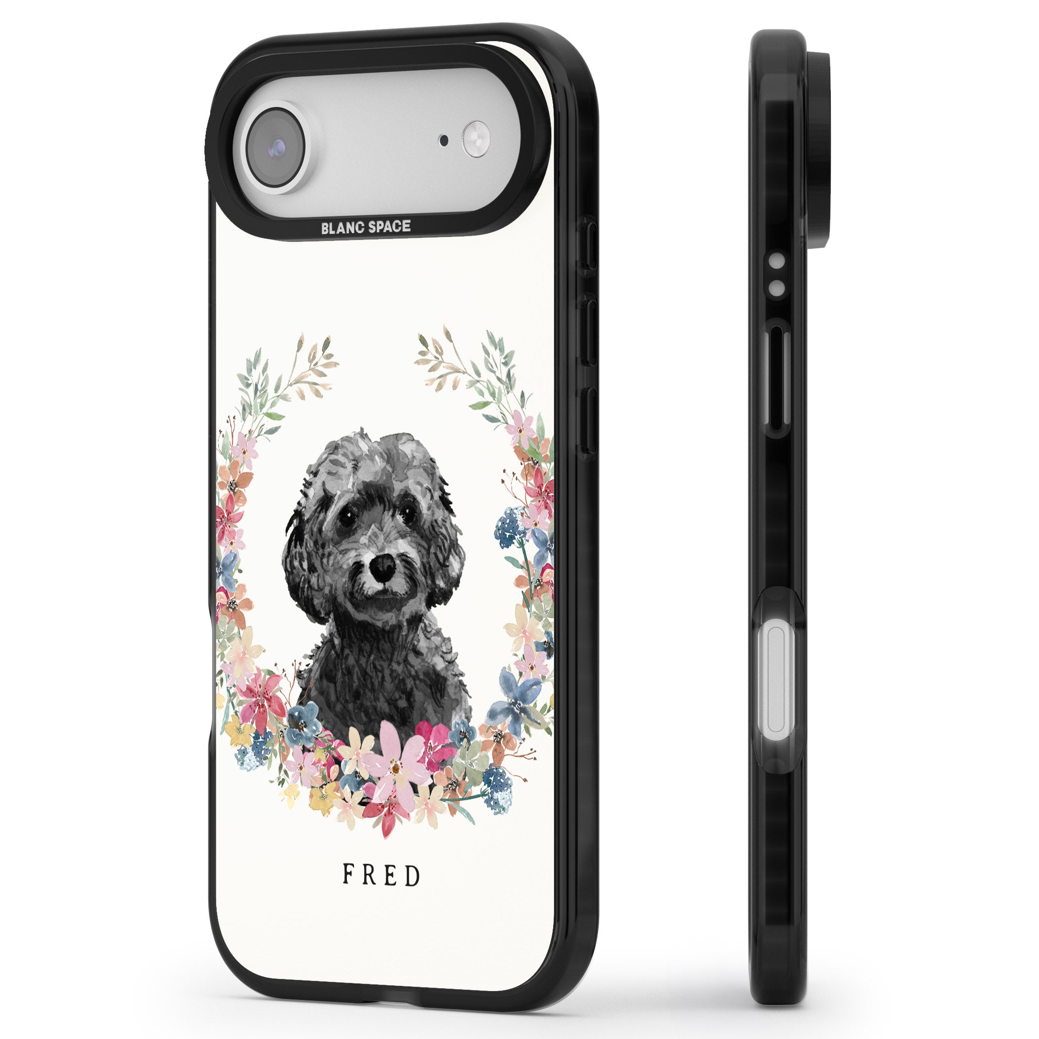 Personalised Black Cockapoo Floral Portrait iPhone 17 Air Impact Pro Black Phone Case Side Profile