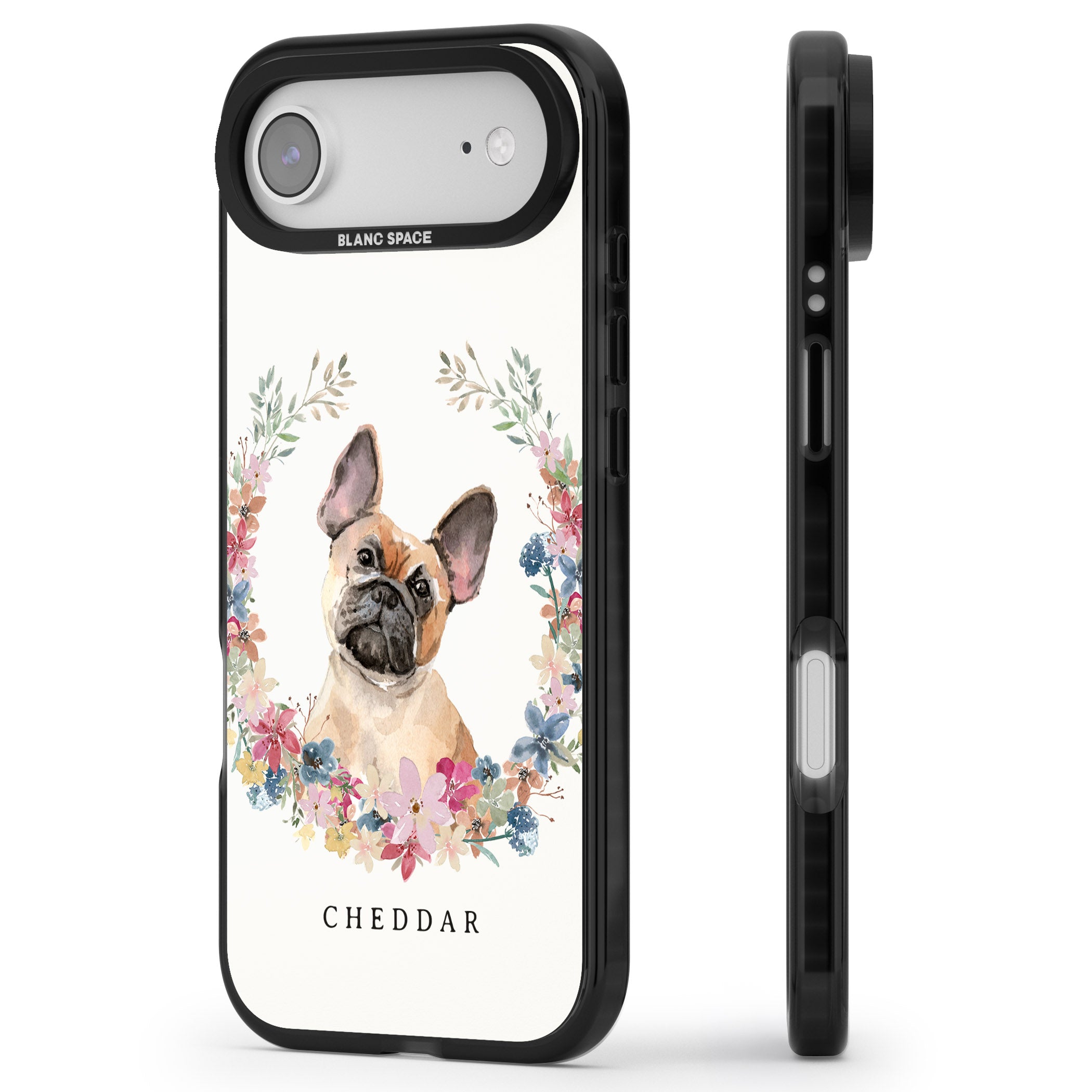 Personalised Tan French Bulldog Floral Portrait iPhone 17 Air Impact Pro Black Phone Case Side Profile