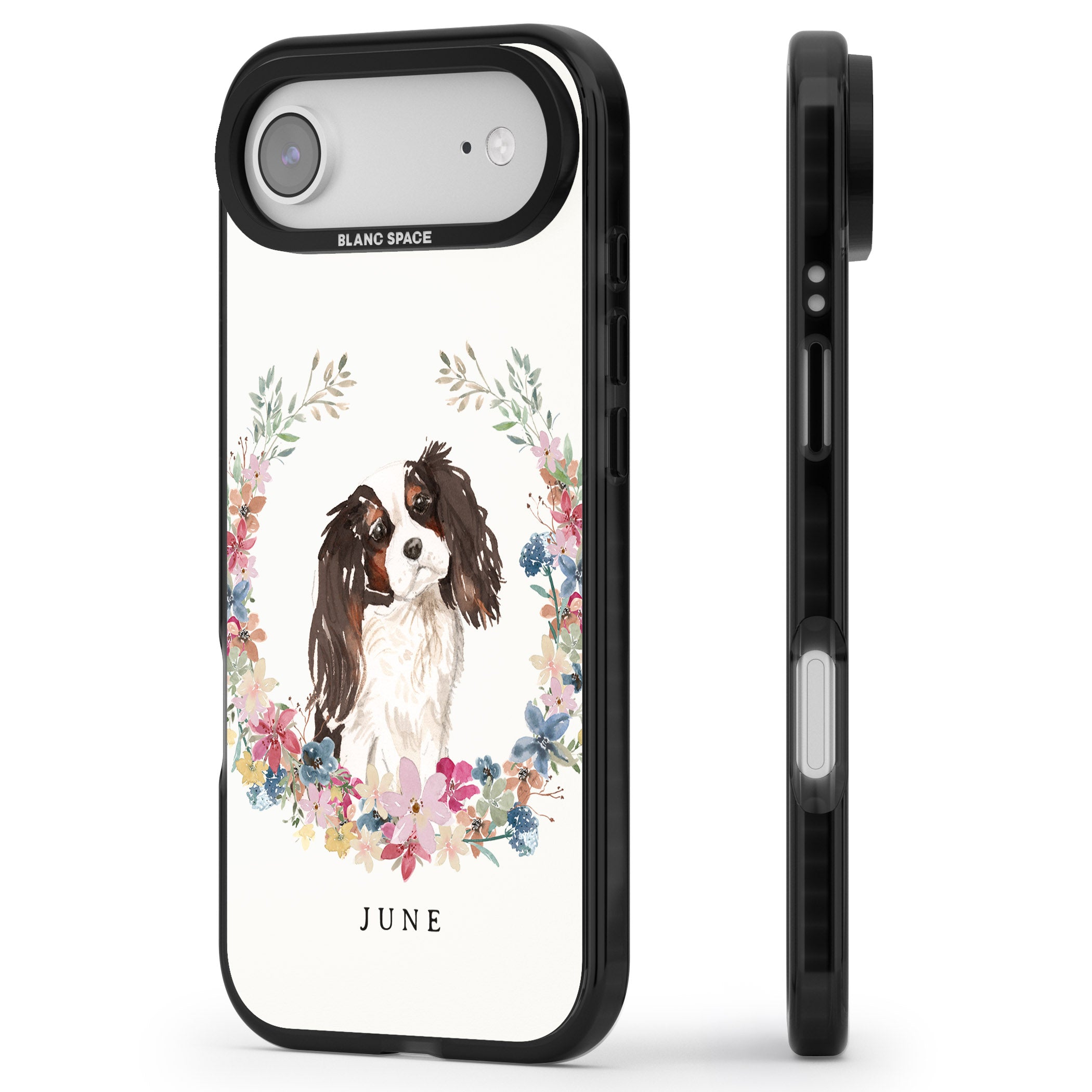 Personalised King Charles Floral Portrait iPhone 17 Air Impact Pro Black Phone Case Side Profile