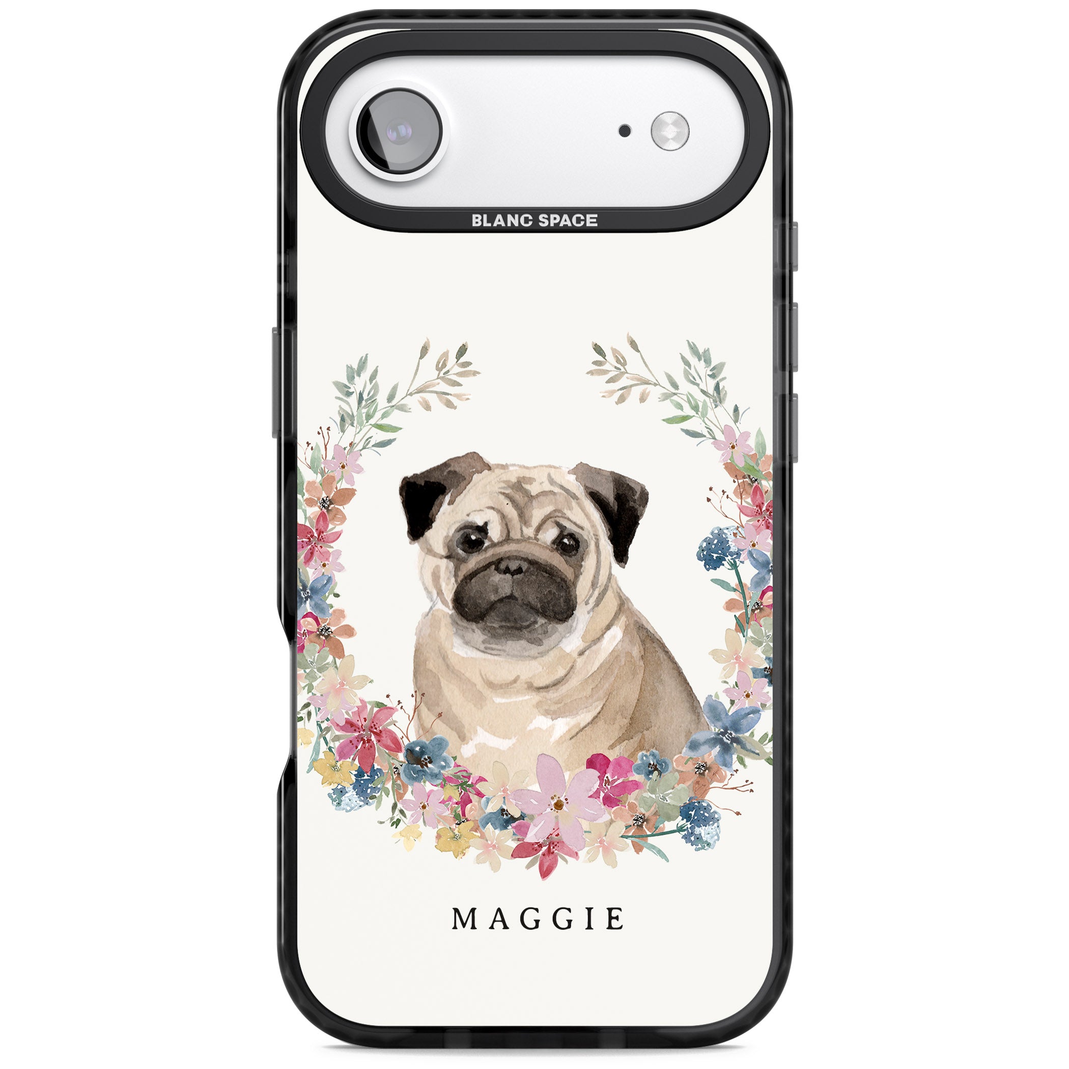 Personalised Pug Floral Portrait iPhone 17 Air Impact Pro Black Phone Case