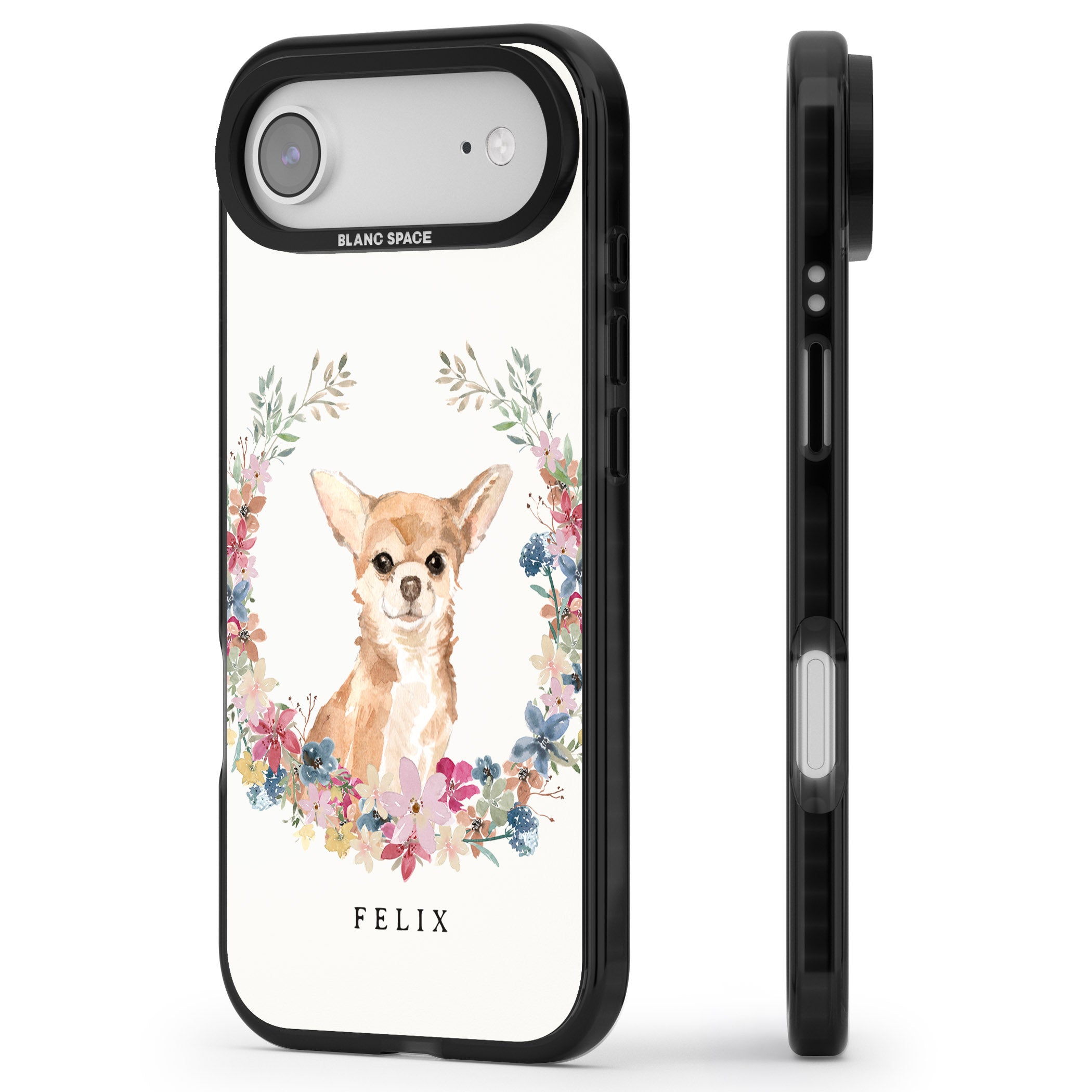 Personalised Chihuahua Floral Portrait iPhone 17 Air Impact Pro Black Phone Case Side Profile