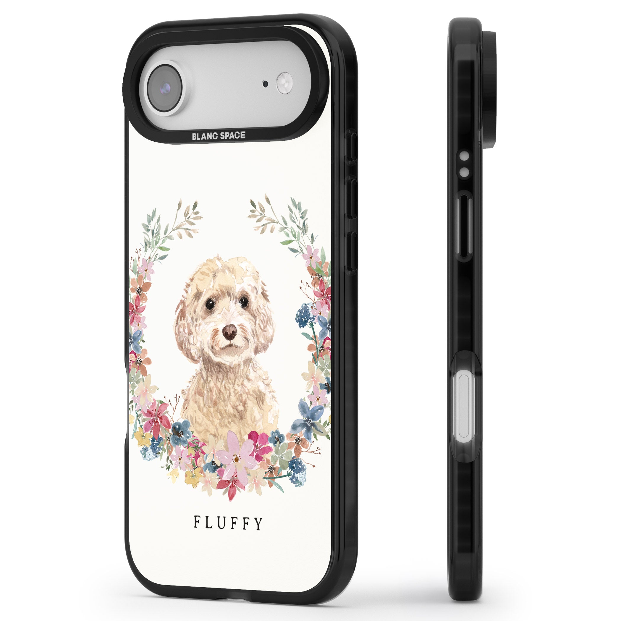 Personalised Champagne Cockapoo Floral Portrait iPhone 17 Air Impact Pro Black Phone Case Side Profile