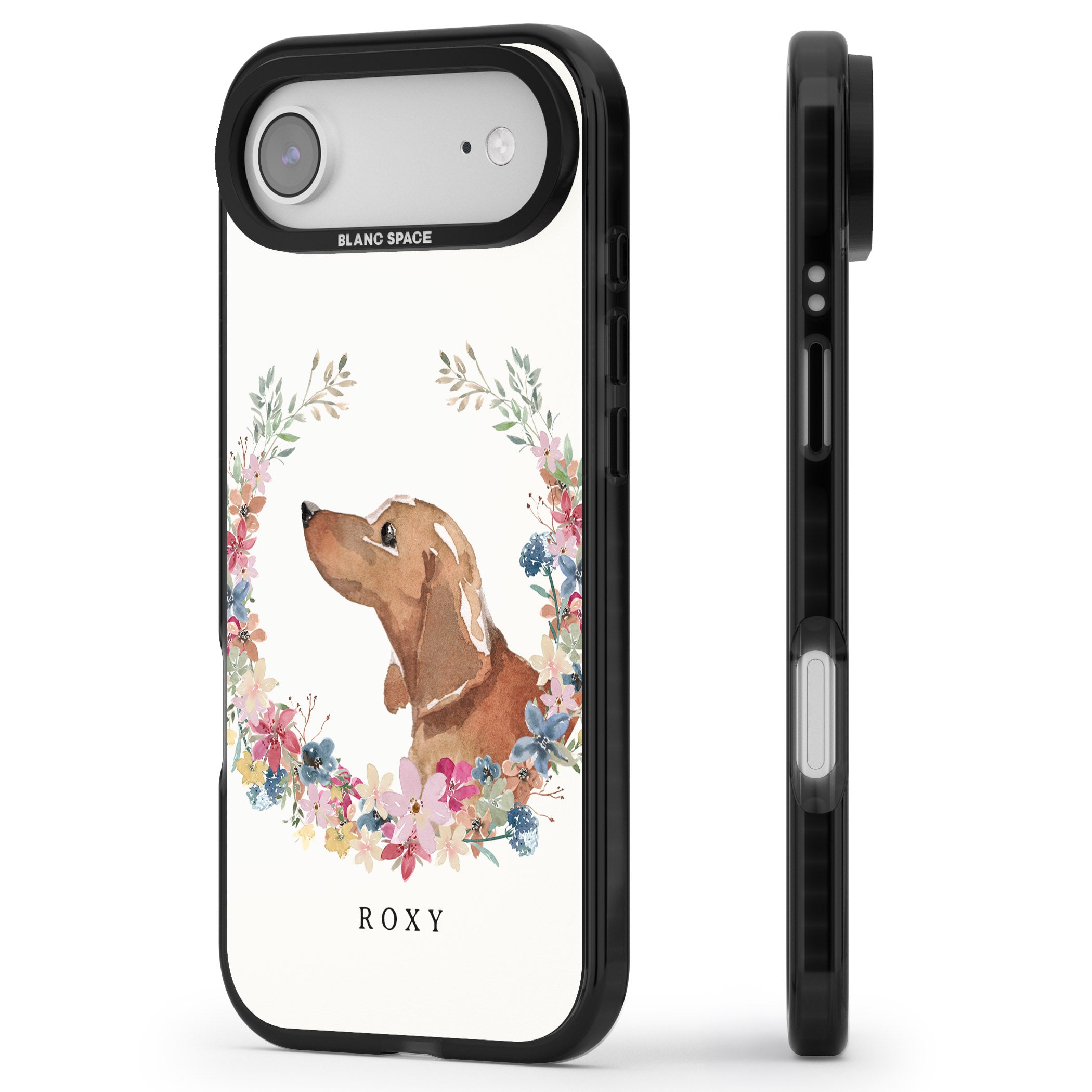 Personalised Tan Dachshund Floral Portrait iPhone 17 Air Impact Pro Black Phone Case Side Profile