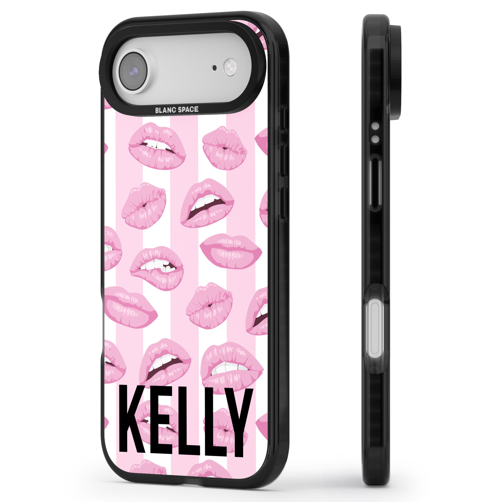 Personalised Pink Stripes & Lips iPhone 17 Air Impact Pro Black Phone Case Side Profile