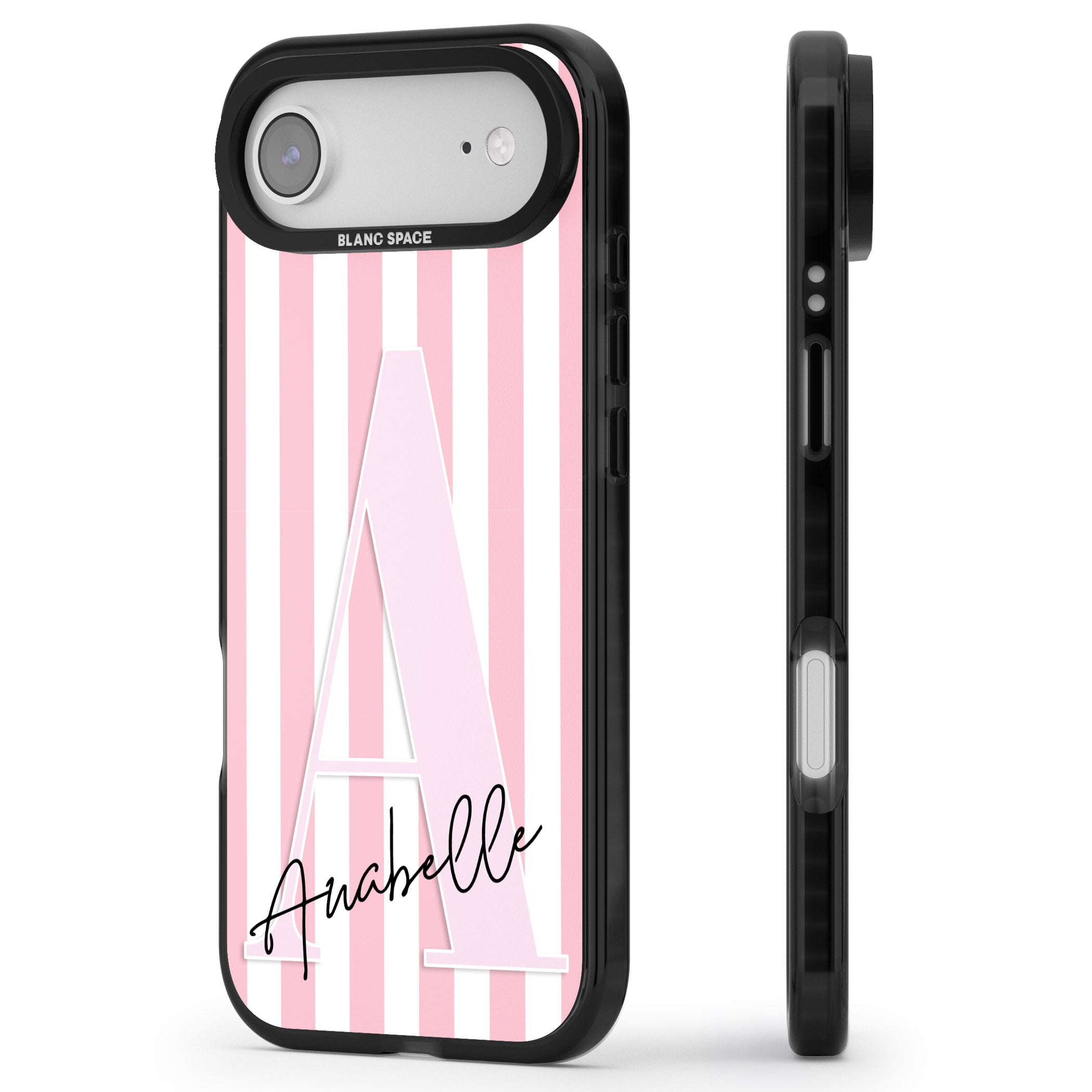 Personalised Pink Stripes & Monogram iPhone 17 Air Impact Pro Black Phone Case Side Profile