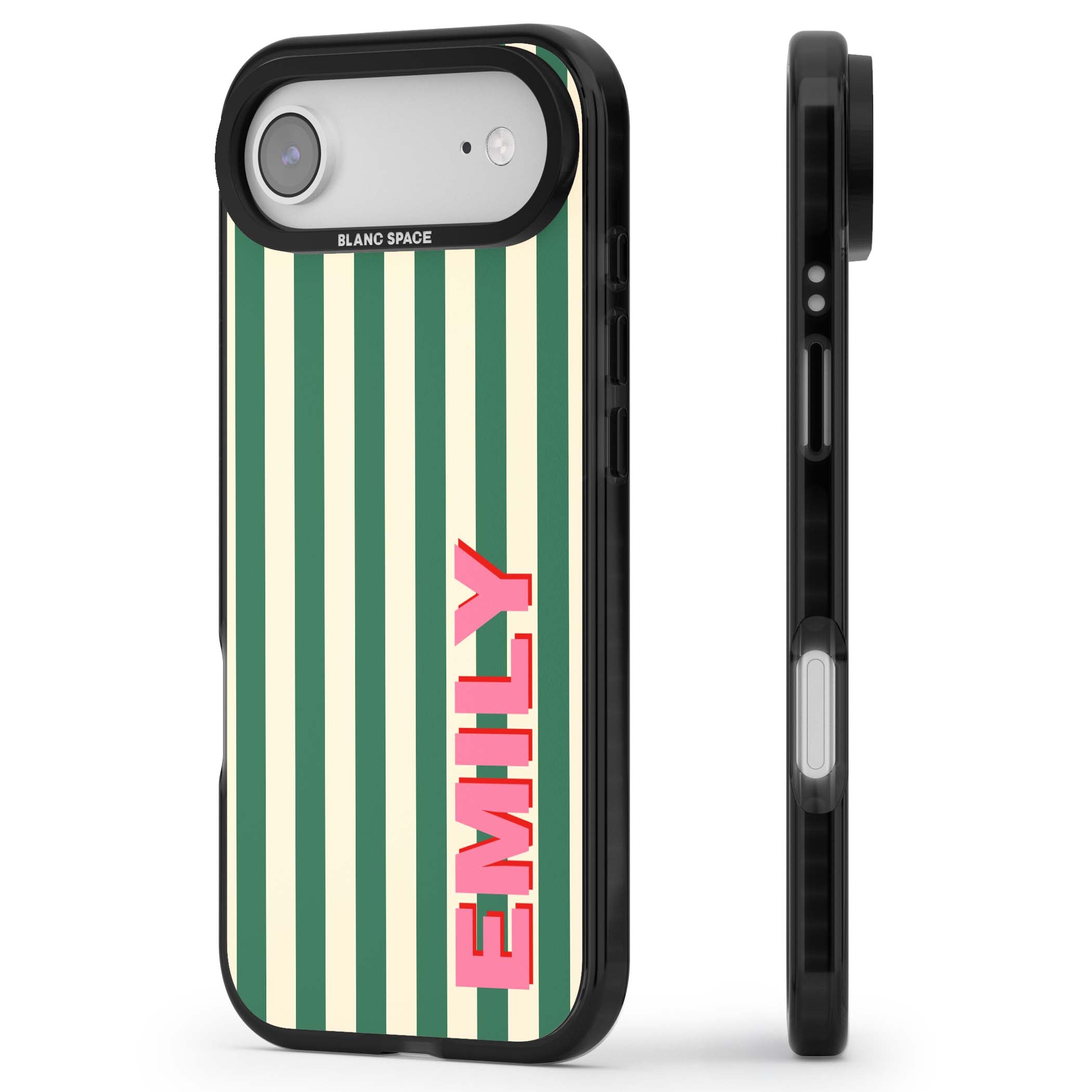 Wimbledon Stripe preppy iPhone case featuring green and cream vertical stripes with a personalised pink name | Black Impact Magsafe case for iPhone Air