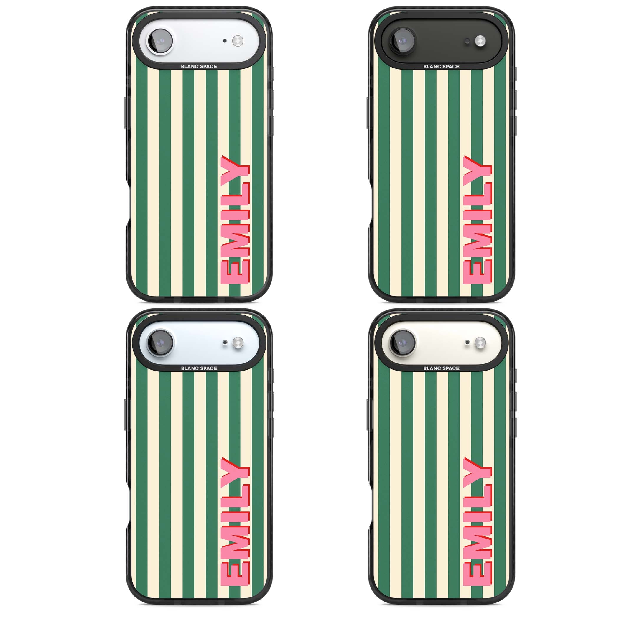 Wimbledon Stripe preppy iPhone case featuring green and cream vertical stripes with a personalised pink name | Black Impact Magsafe case for iPhone Air