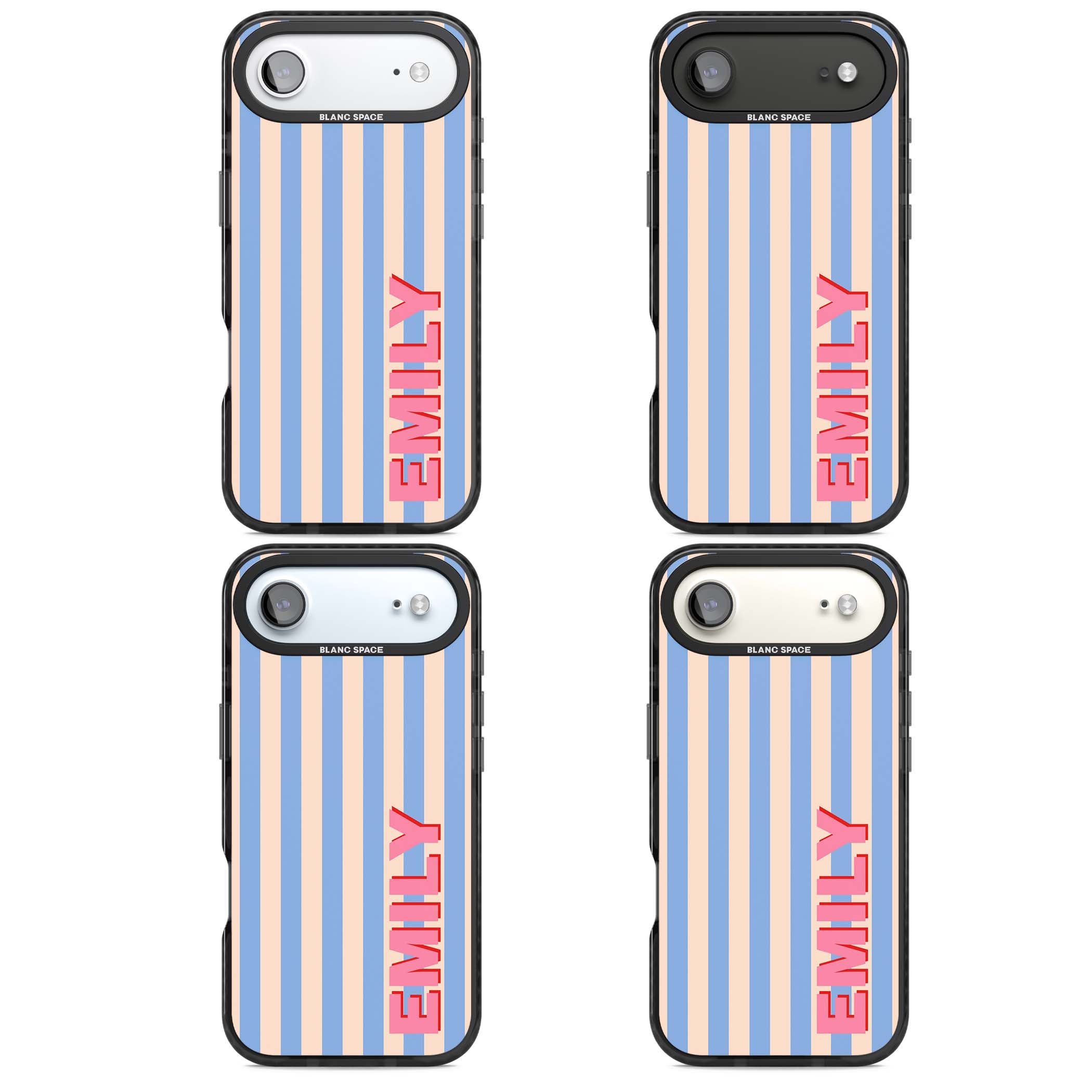 Coastal Stripe personalised coastal iPhone case with blue and peach vertical stripes and custom pink name | Black Impact Magsafe case for iPhone Air