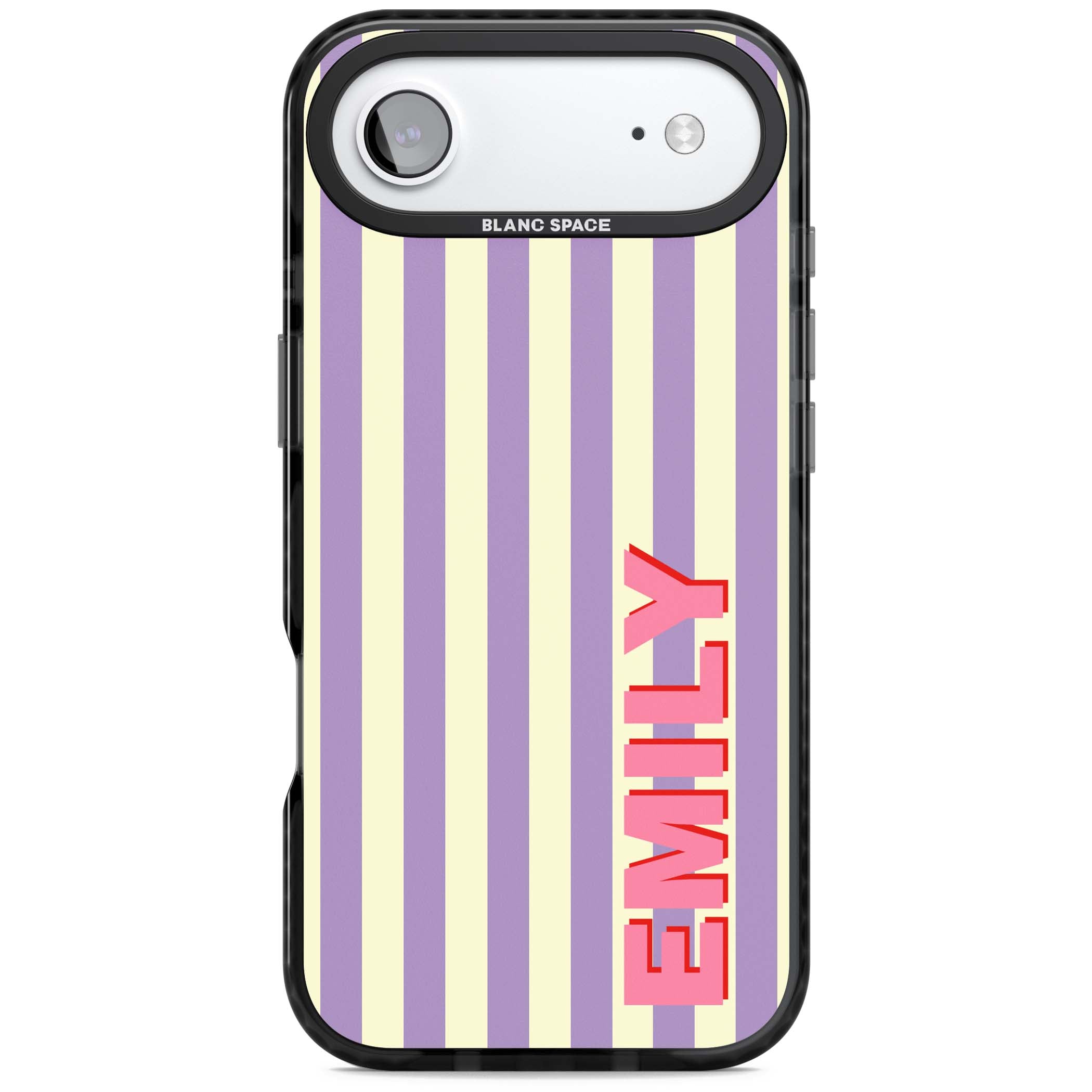 Valensole Stripe personalised iPhone case with purple and cream vertical stripes and pink custom name | Black Impact Magsafe case for iPhone Air