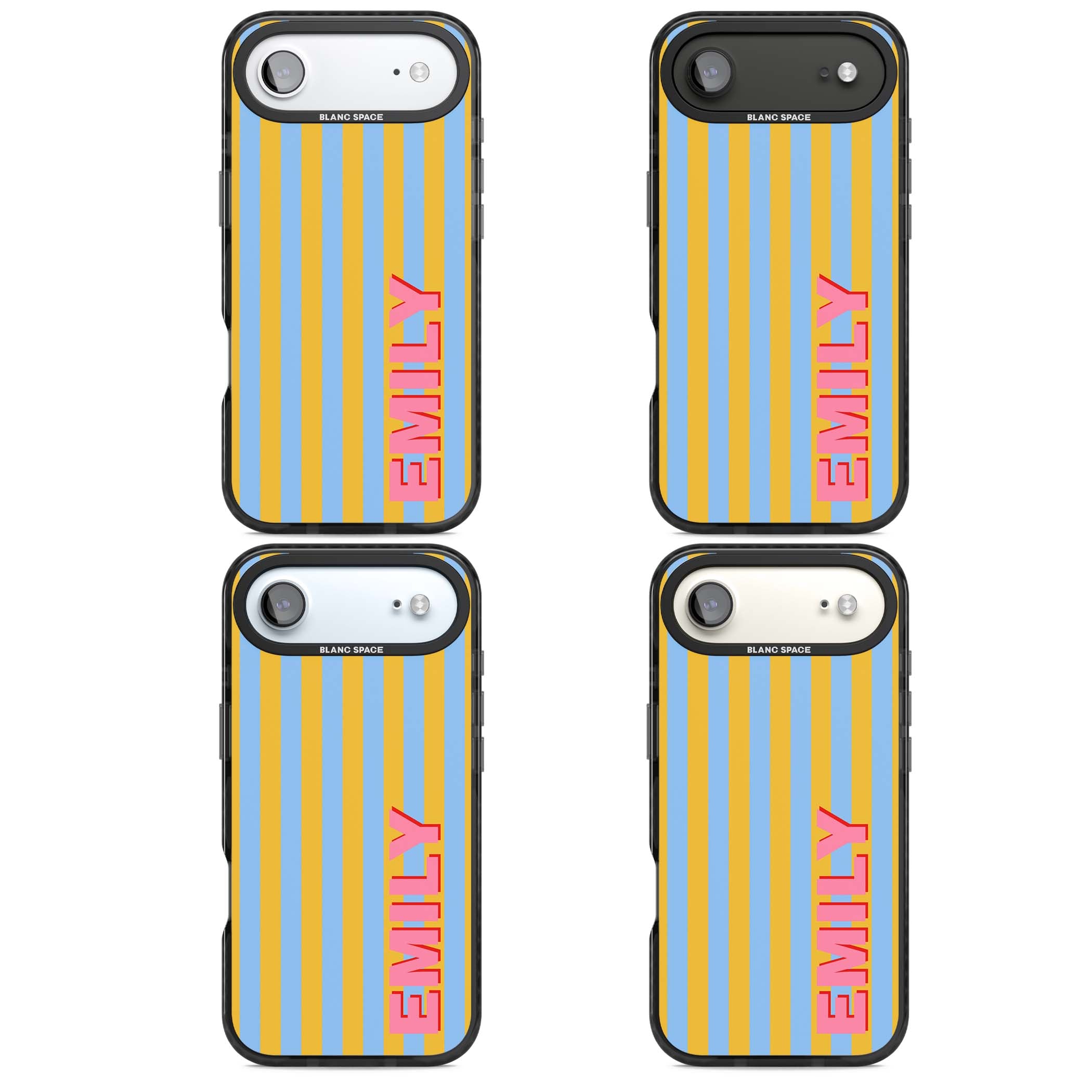 Carribean Stripe personalised coastal iPhone case with yellow and blue vertical stripes and a custom pink name | Black Impact Magsafe case for iPhone Air